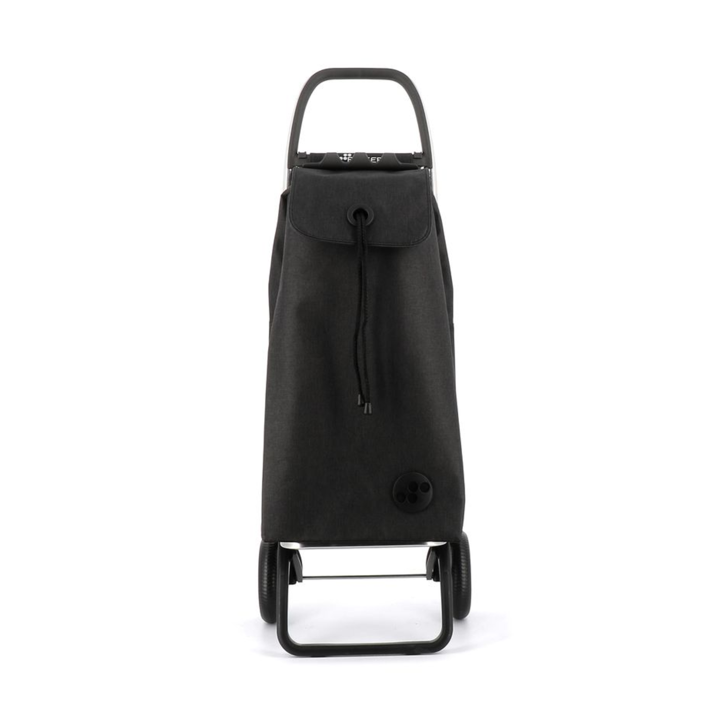 Front view of Rolser I-MAX TWEED shopping trolley with foldable 2-wheel aluminium chassis, 43L capacity, polyester backpack-style bag with drawstring and zippered pocket, designed for carrying small loads like groceries or laundry.