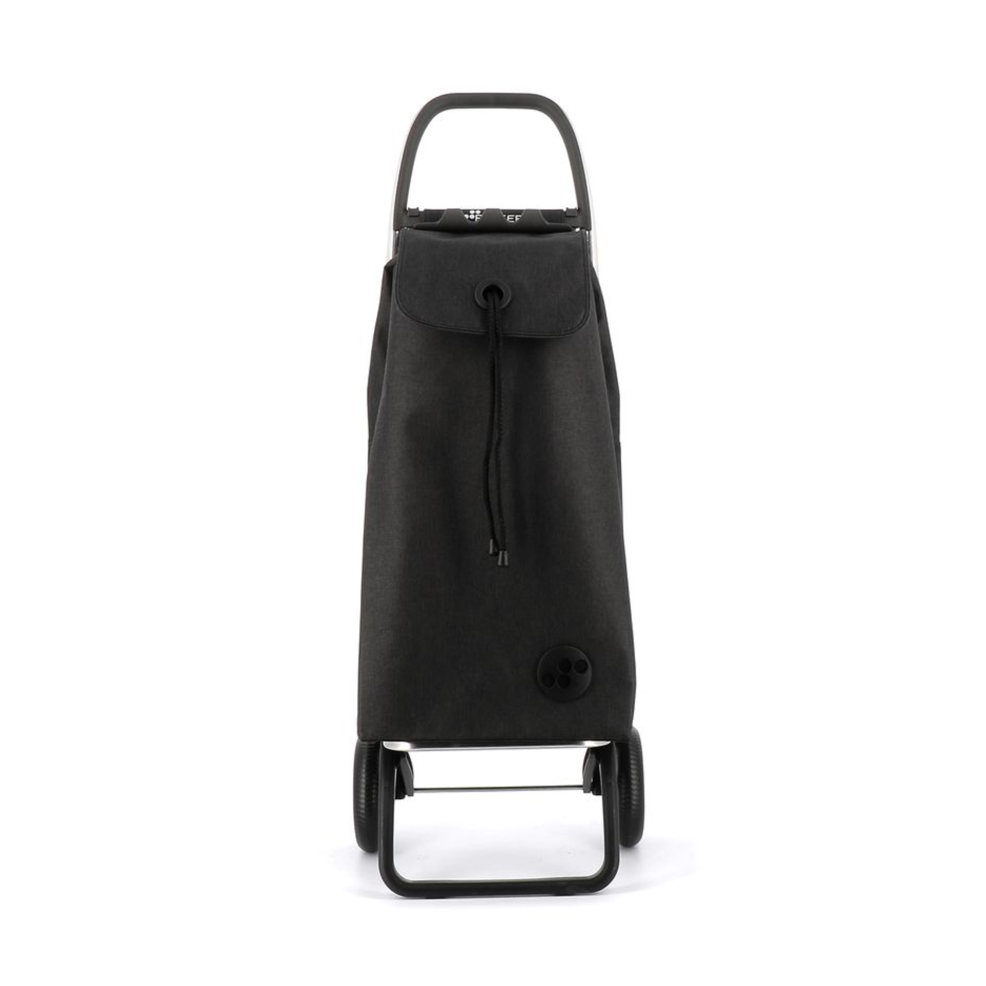 Front view of Rolser I-MAX TWEED shopping trolley with foldable 2-wheel aluminium chassis, 43L capacity, polyester backpack-style bag with drawstring and zippered pocket, designed for carrying small loads like groceries or laundry.