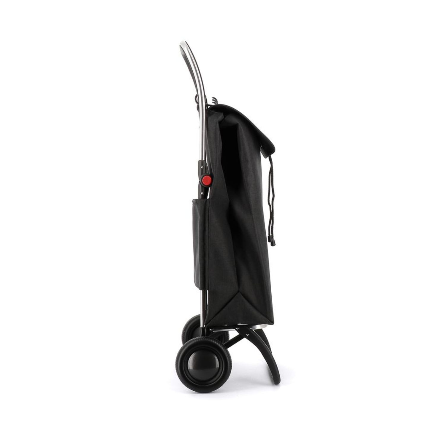 Side view of Rolser I-MAX TWEED shopping trolley with foldable 2-wheel aluminium chassis, 43L capacity, polyester backpack-style bag with drawstring and zippered pocket, designed for carrying small loads like groceries or laundry.
