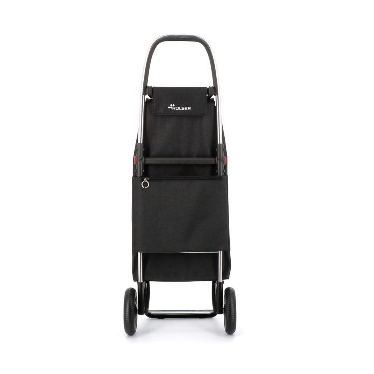 Back view of Rolser I-MAX TWEED shopping trolley with foldable 2-wheel aluminium chassis, 43L capacity, polyester backpack-style bag with drawstring and zippered pocket, designed for carrying small loads like groceries or laundry.