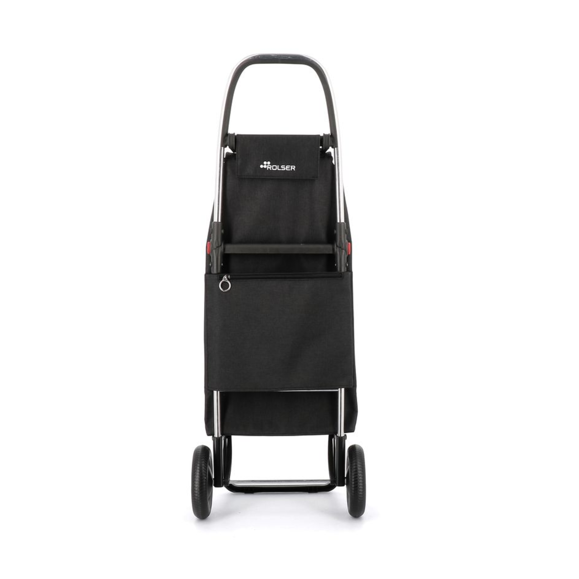 Back view of Rolser I-MAX TWEED shopping trolley with foldable 2-wheel aluminium chassis, 43L capacity, polyester backpack-style bag with drawstring and zippered pocket, designed for carrying small loads like groceries or laundry.