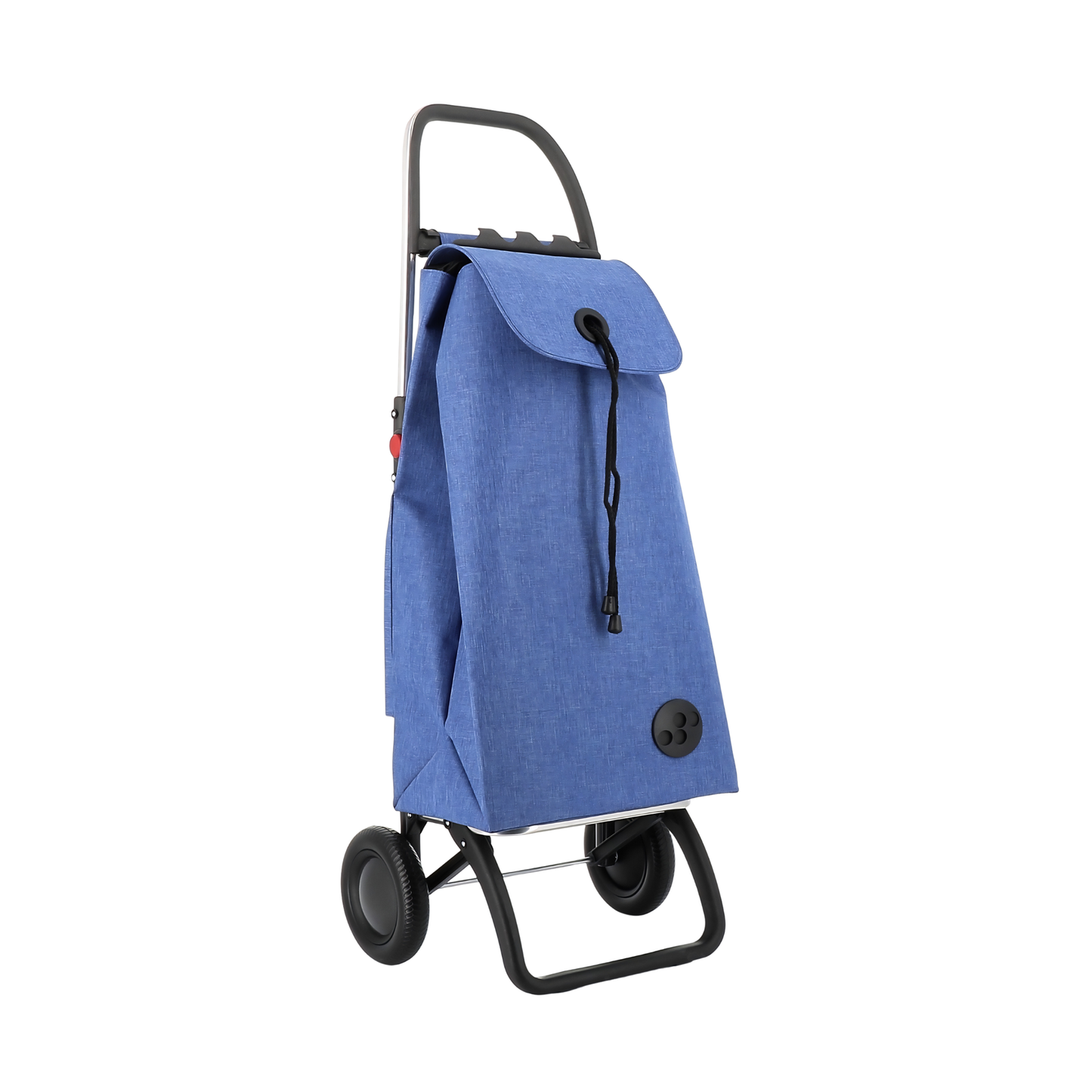 Semi front view of the Rolser I-Max Tweed Foldable Shopping Trolley 43L Blue, comes in backpack format, with double inside pocket, drawstring closure, eyelet on the flap, zippered back pocket and adapts to the chassis with a flap.