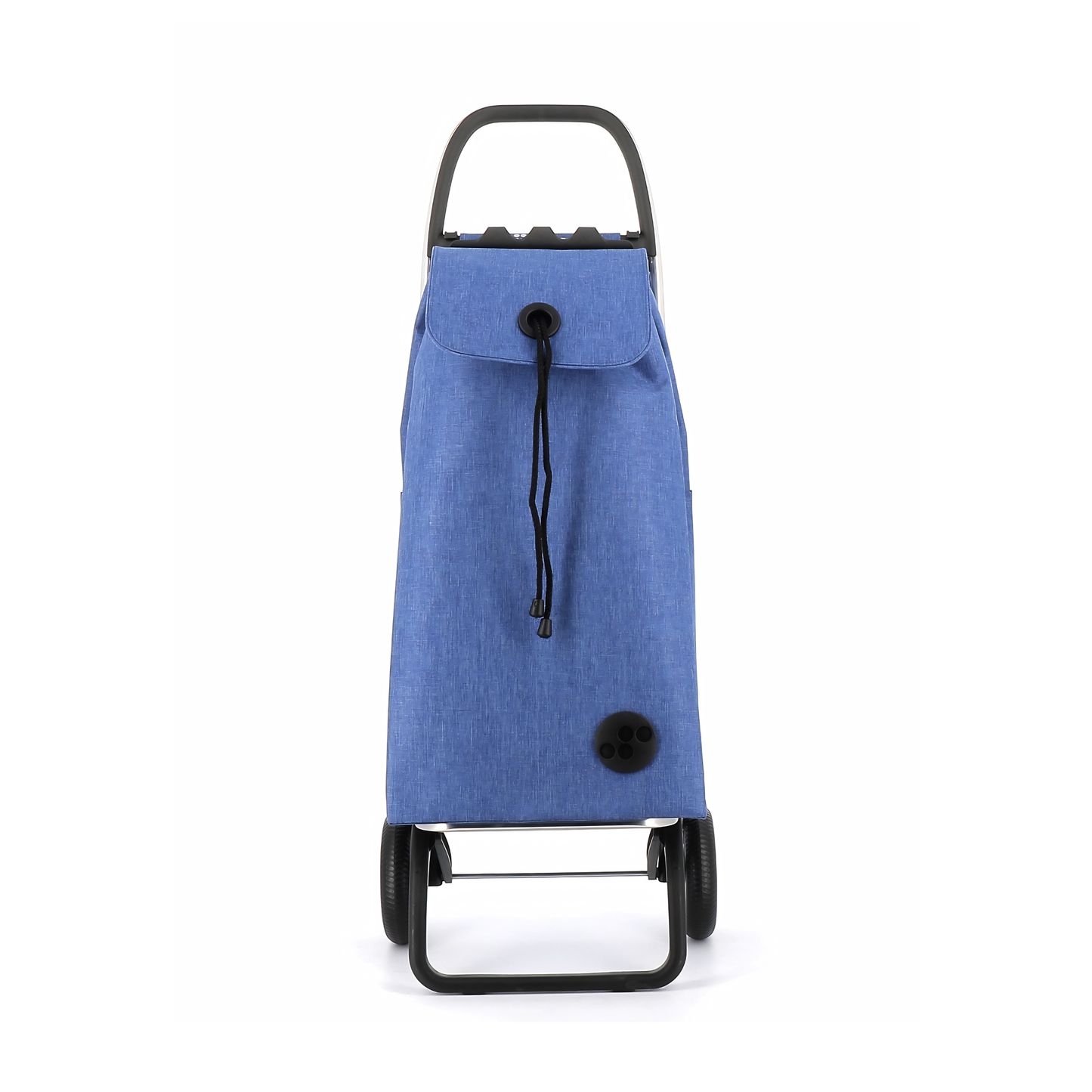 Front view of the Rolser I-Max Tweed Foldable Shopping Trolley 43L Blue, comes in backpack format, with double inside pocket, drawstring closure, eyelet on the flap, zippered back pocket and adapts to the chassis with a flap.