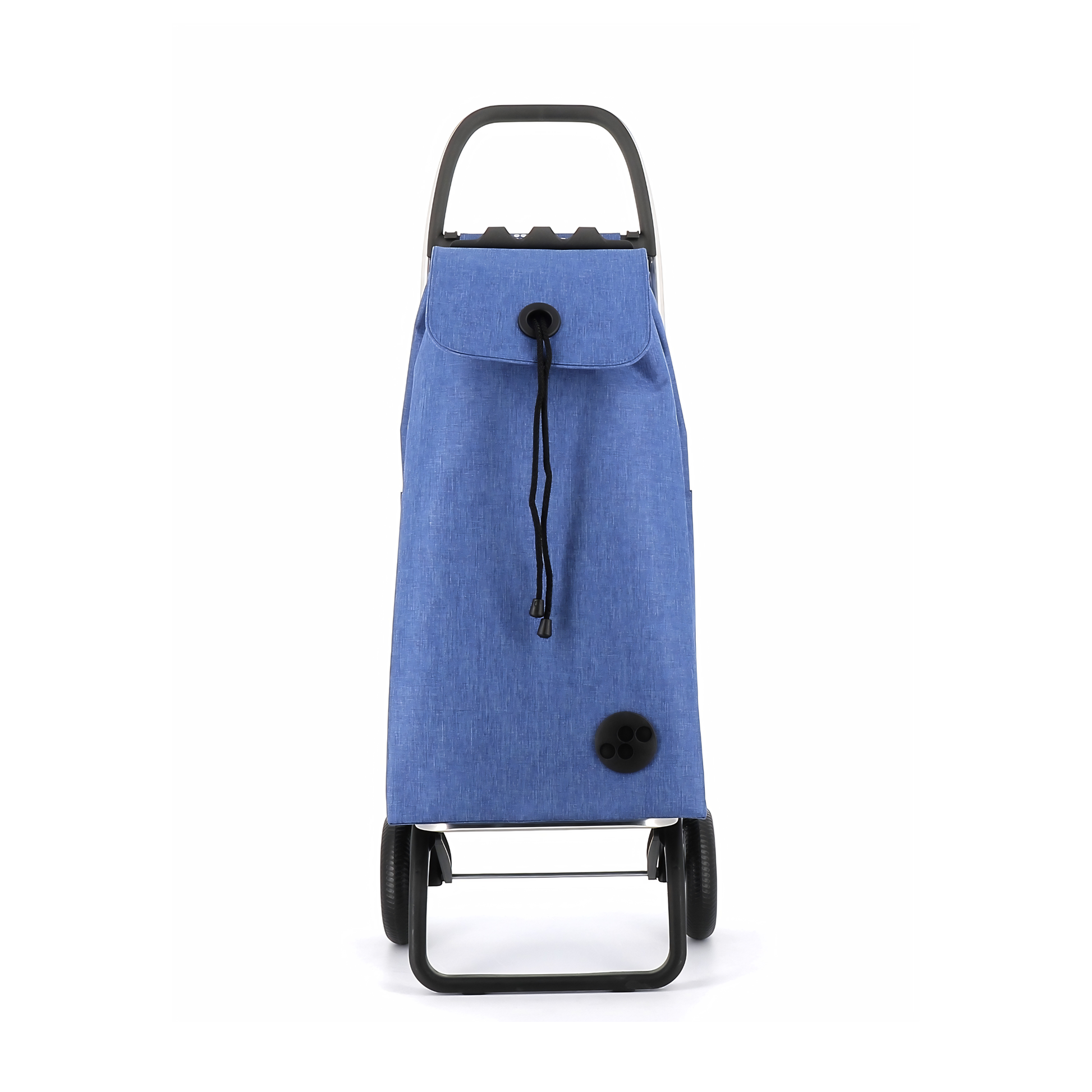 Front view of the Rolser I-Max Tweed Foldable Shopping Trolley 43L Blue, comes in backpack format, with double inside pocket, drawstring closure, eyelet on the flap, zippered back pocket and adapts to the chassis with a flap.