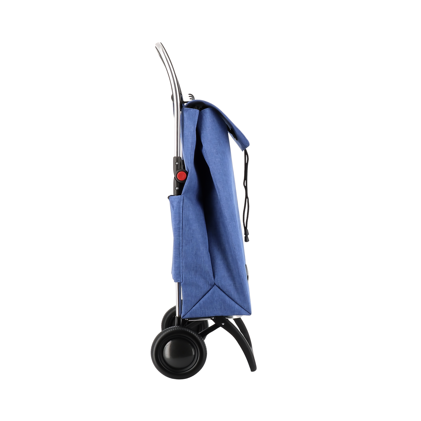 Side view of the Rolser I-Max Tweed Foldable Shopping Trolley 43L Blue, comes in backpack format, with double inside pocket, drawstring closure, eyelet on the flap, zippered back pocket and adapts to the chassis with a flap.