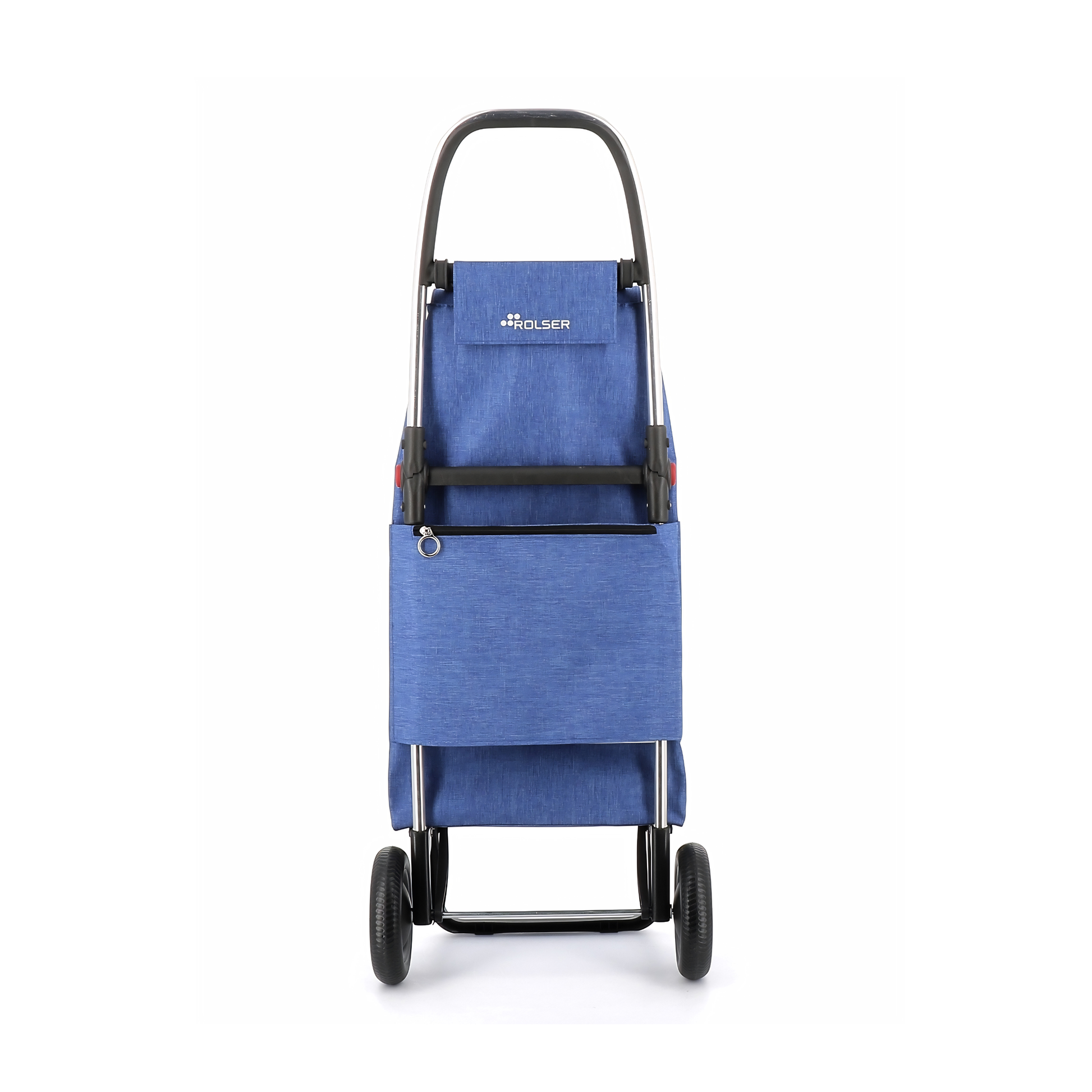 Back view of the Rolser I-Max Tweed Foldable Shopping Trolley 43L Blue, comes in backpack format, with double inside pocket, drawstring closure, eyelet on the flap, zippered back pocket and adapts to the chassis with a flap.