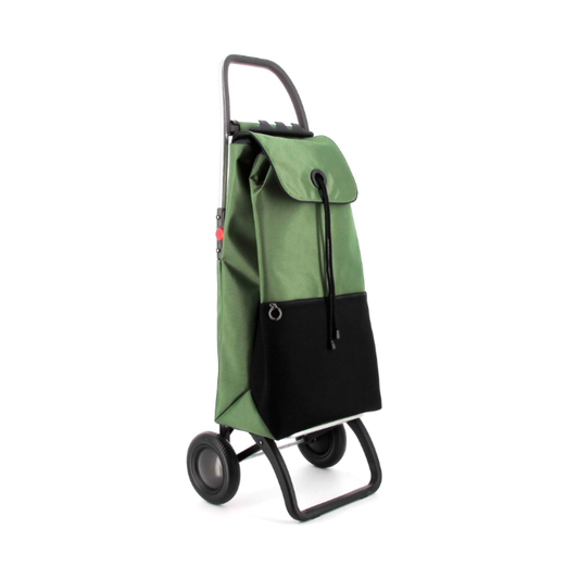 Rolser I-MAX URBAN MF foldable aluminum two-wheel shopping trolley with 43L polyester backpack-style bag, double interior pocket, zippered back and mesh front pocket, drawstring flap closure, folding base, multifunction hook for supermarket carts, lightweight 2.67kg design for small load transport.