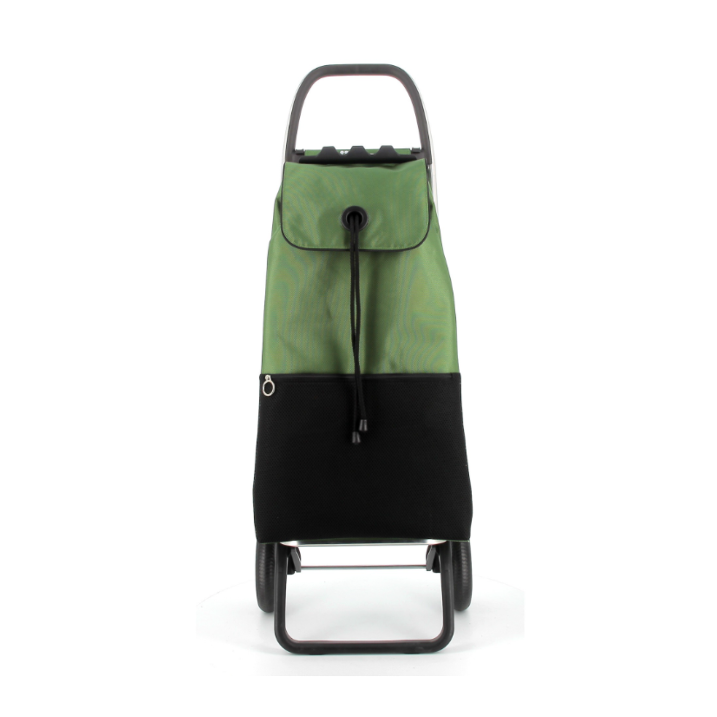 Front view of Rolser I-MAX URBAN MF foldable aluminum two-wheel shopping trolley with 43L polyester backpack-style bag, double interior pocket, zippered back and mesh front pocket, drawstring flap closure, folding base, multifunction hook for supermarket carts, lightweight 2.67kg design for small load transport.