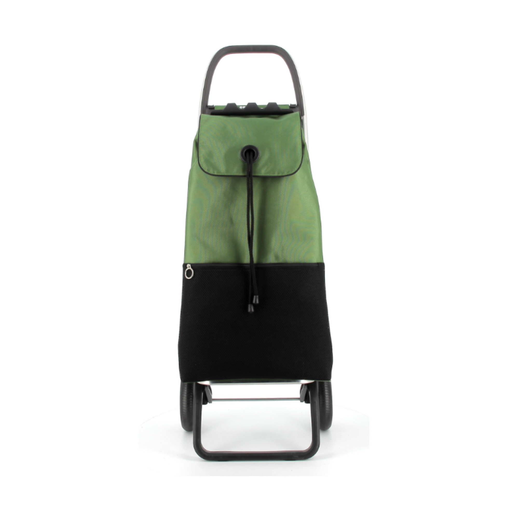 Front view of Rolser I-MAX URBAN MF foldable aluminum two-wheel shopping trolley with 43L polyester backpack-style bag, double interior pocket, zippered back and mesh front pocket, drawstring flap closure, folding base, multifunction hook for supermarket carts, lightweight 2.67kg design for small load transport.