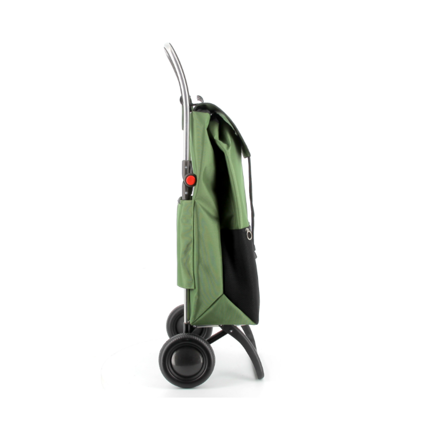 Side view of Rolser I-MAX URBAN MF foldable aluminum two-wheel shopping trolley with 43L polyester backpack-style bag, double interior pocket, zippered back and mesh front pocket, drawstring flap closure, folding base, multifunction hook for supermarket carts, lightweight 2.67kg design for small load transport.