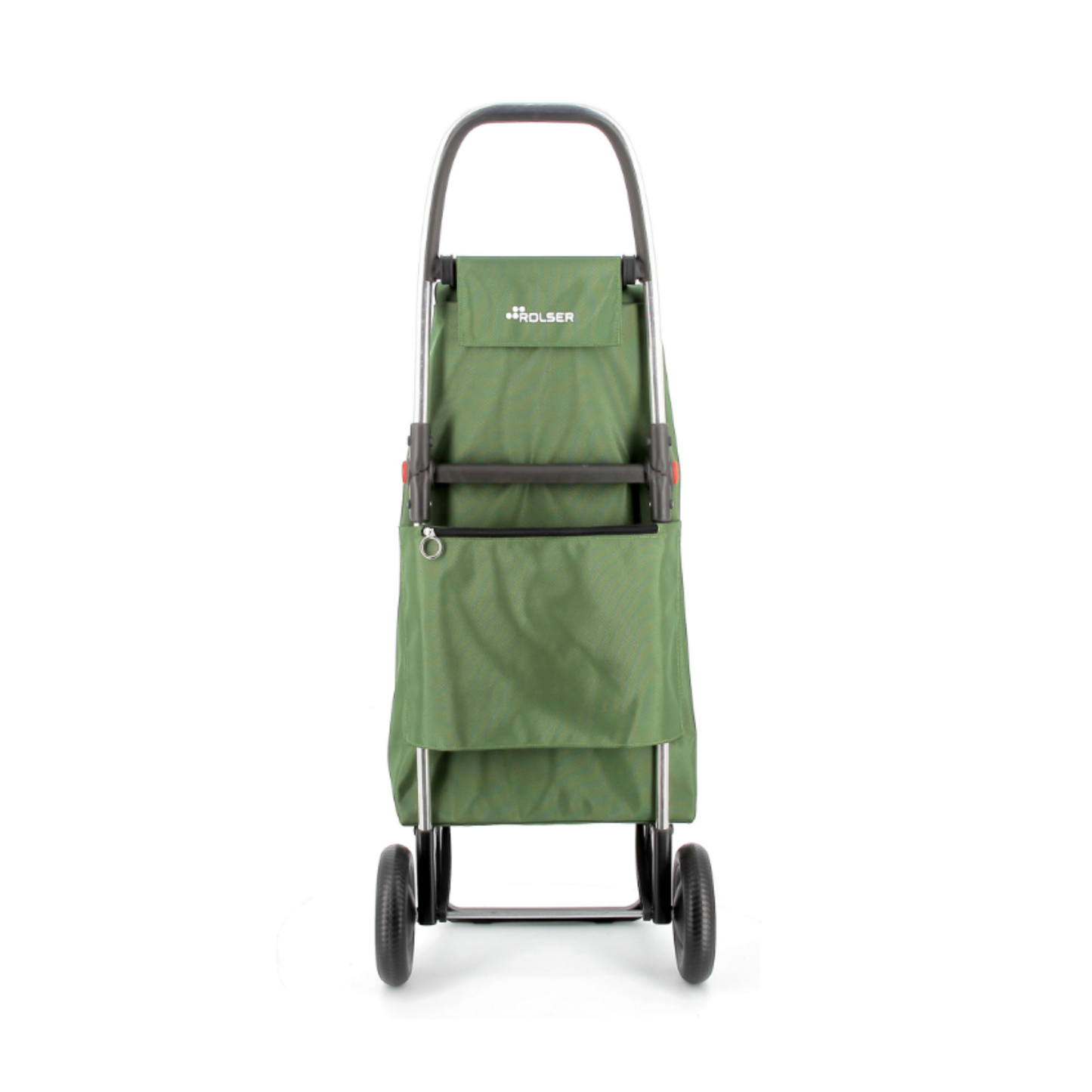Back view of Rolser I-MAX URBAN MF foldable aluminum two-wheel shopping trolley with 43L polyester backpack-style bag, double interior pocket, zippered back and mesh front pocket, drawstring flap closure, folding base, multifunction hook for supermarket carts, lightweight 2.67kg design for small load transport.