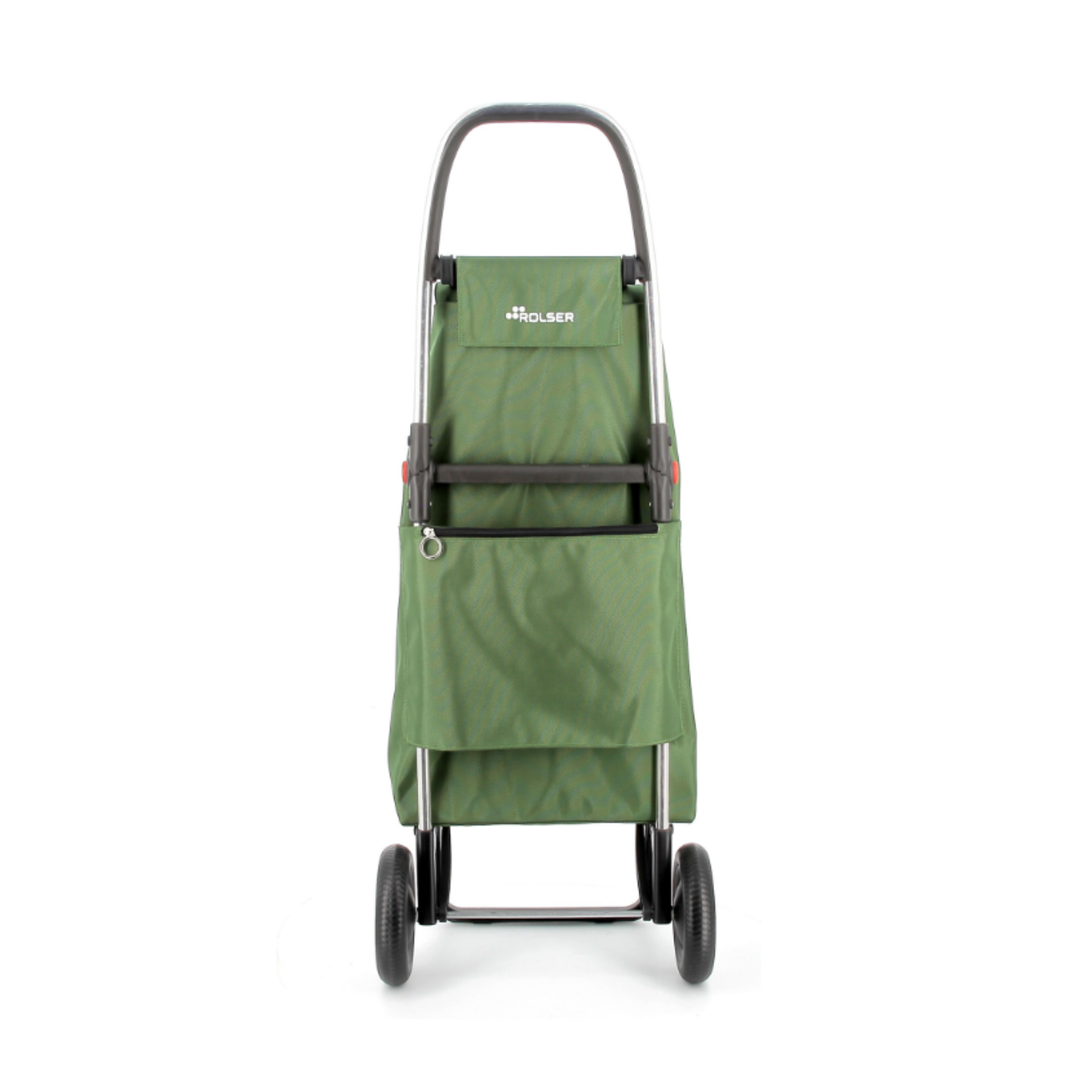 Back view of Rolser I-MAX URBAN MF foldable aluminum two-wheel shopping trolley with 43L polyester backpack-style bag, double interior pocket, zippered back and mesh front pocket, drawstring flap closure, folding base, multifunction hook for supermarket carts, lightweight 2.67kg design for small load transport.