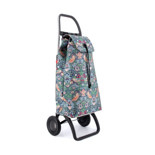 Rolser I-MAX William Morris foldable aluminum two-wheel shopping trolley with birds and floral print bag, forward-folding 2L chassis, multifunction hook for attaching to carts or bags, backpack-style format with drawstring and flap closure, double interior pockets, zippered back pocket, durable and lightweight design for groceries, laundry, beach, or gym use.