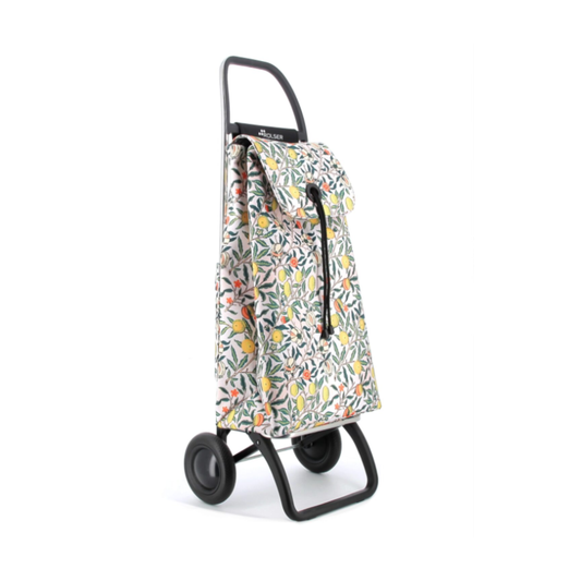 Rolser I-MAX William Morris shopping trolley with foldable 2-wheel aluminium chassis, 43L capacity, polyester backpack-style bag with drawstring and zippered pocket, featuring a multifunctional hook for supermarket trolleys or bags, good for carrying groceries, laundry and shopping.