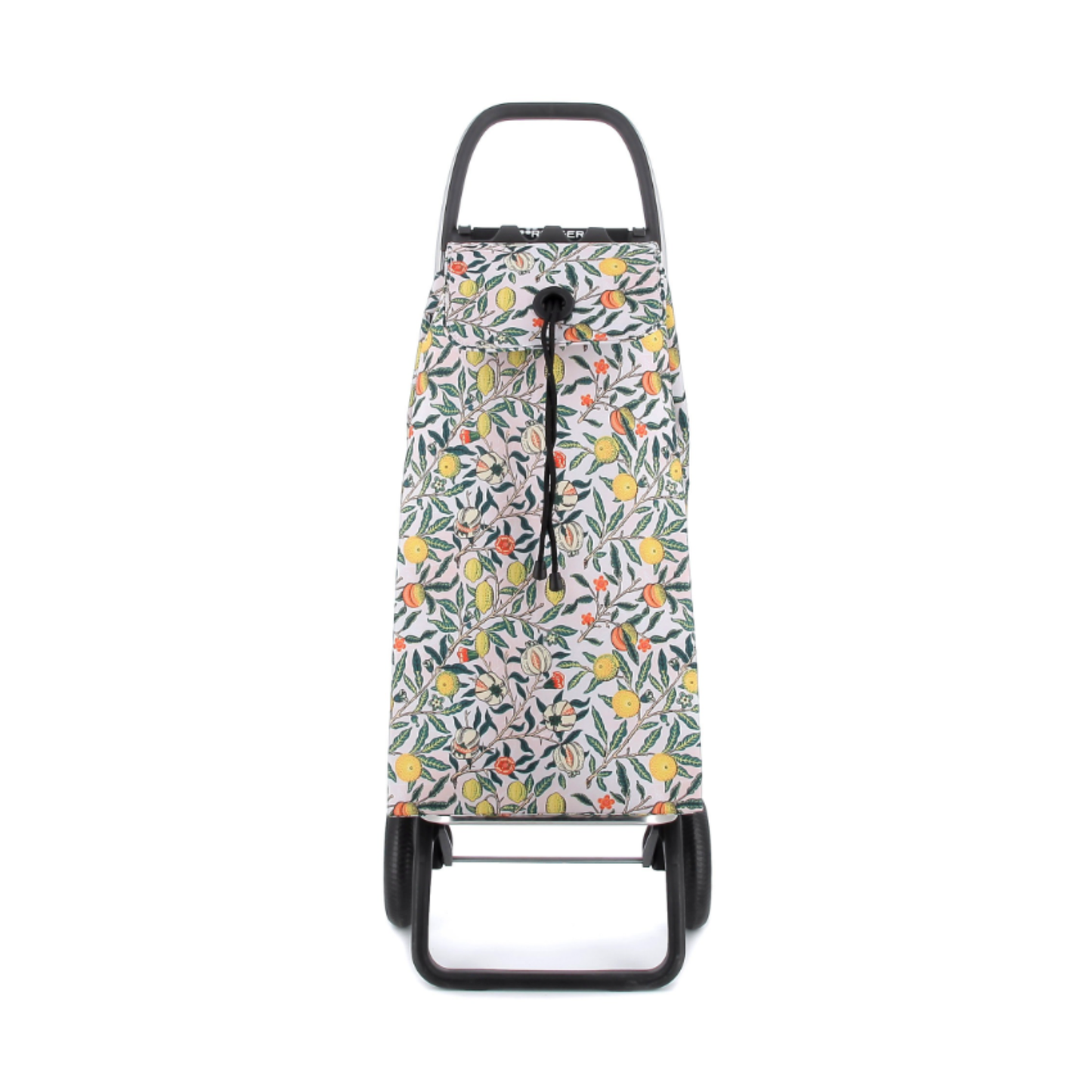Front view of Rolser I-MAX William Morris shopping trolley with foldable 2-wheel aluminium chassis, 43L capacity, polyester backpack-style bag with drawstring and zippered pocket, featuring a multifunctional hook for supermarket trolleys or bags, good for carrying groceries, laundry and shopping.