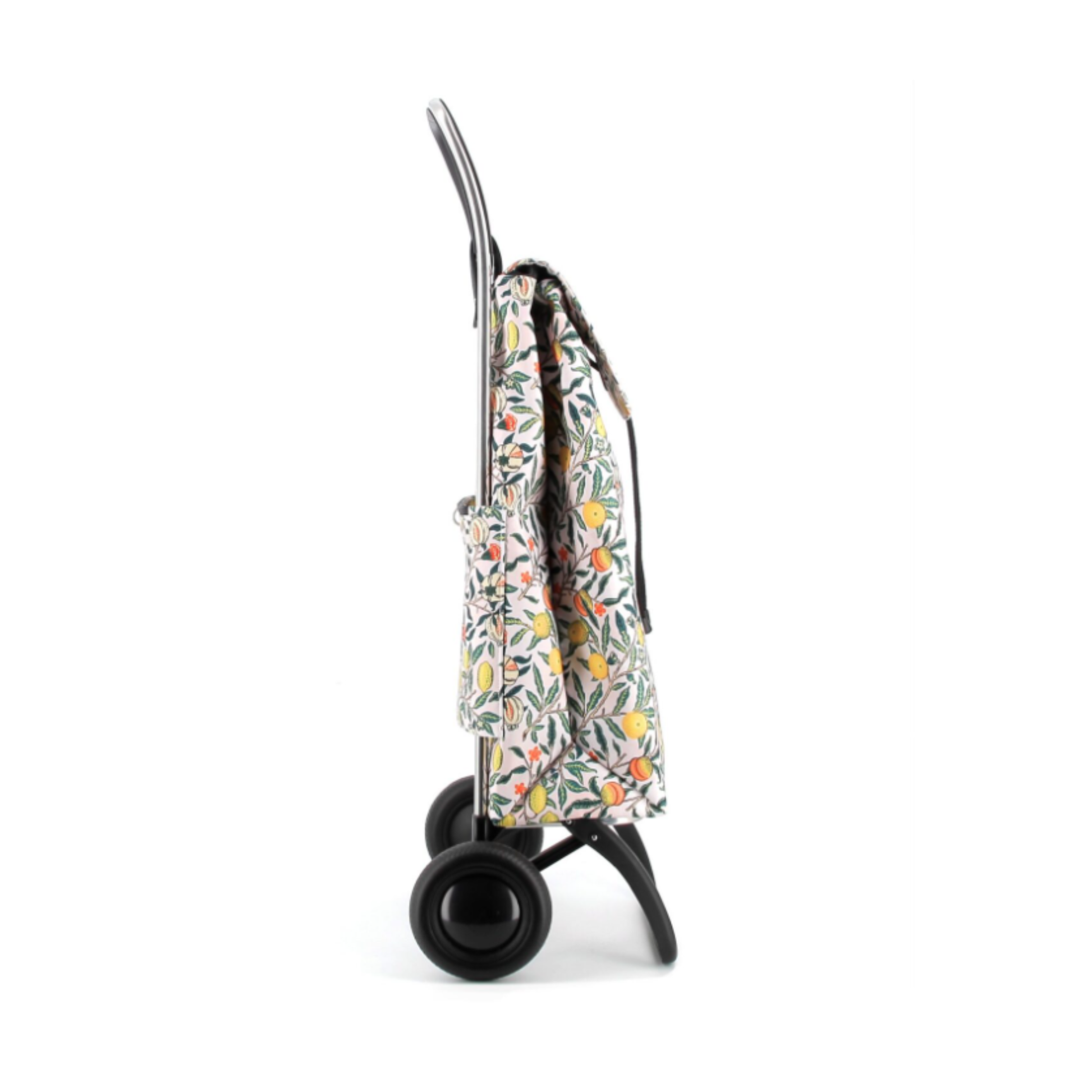 Side view of Rolser I-MAX William Morris shopping trolley with foldable 2-wheel aluminium chassis, 43L capacity, polyester backpack-style bag with drawstring and zippered pocket, featuring a multifunctional hook for supermarket trolleys or bags, good for carrying groceries, laundry and shopping.