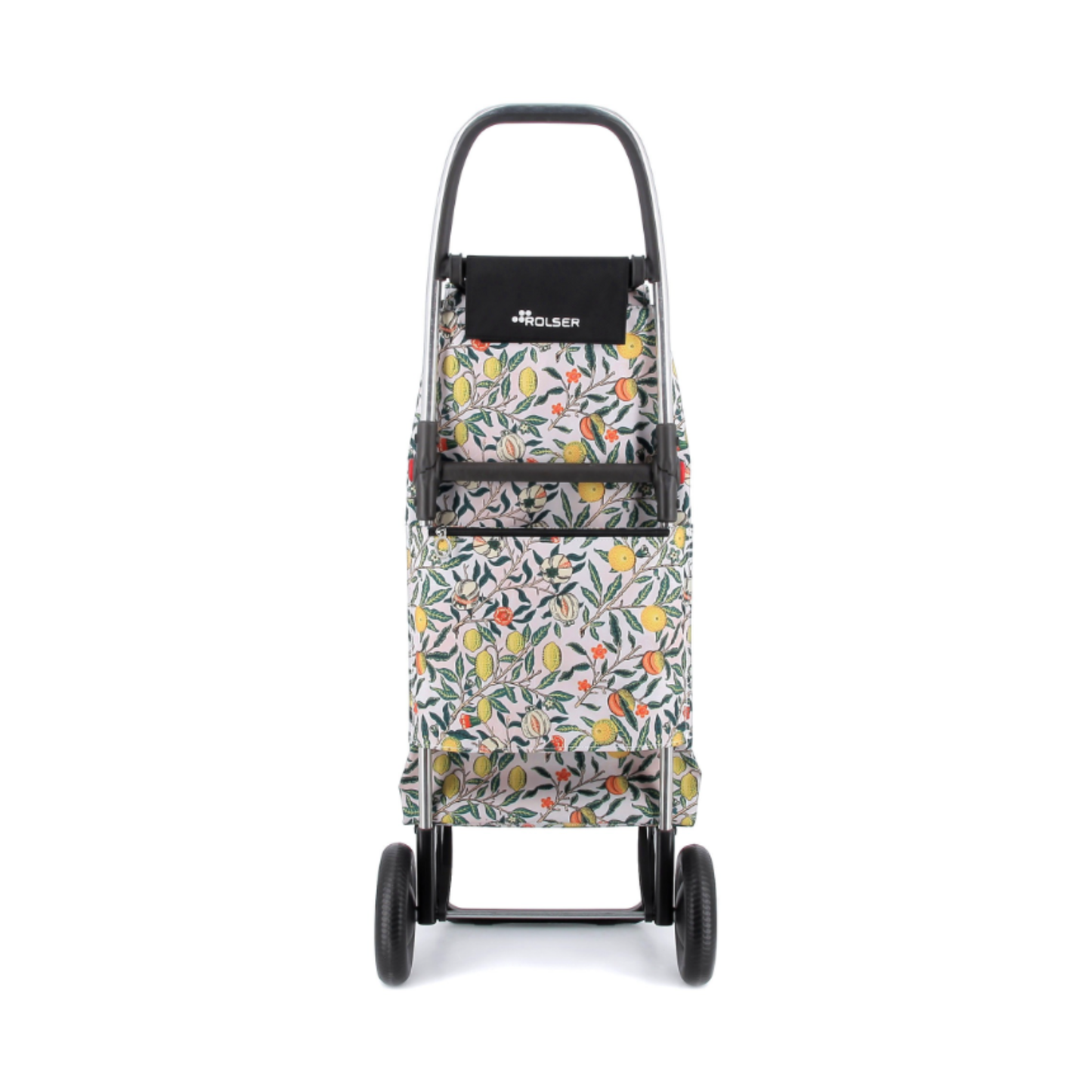 Back view of Rolser I-MAX William Morris shopping trolley with foldable 2-wheel aluminium chassis, 43L capacity, polyester backpack-style bag with drawstring and zippered pocket, featuring a multifunctional hook for supermarket trolleys or bags, good for carrying groceries, laundry and shopping.