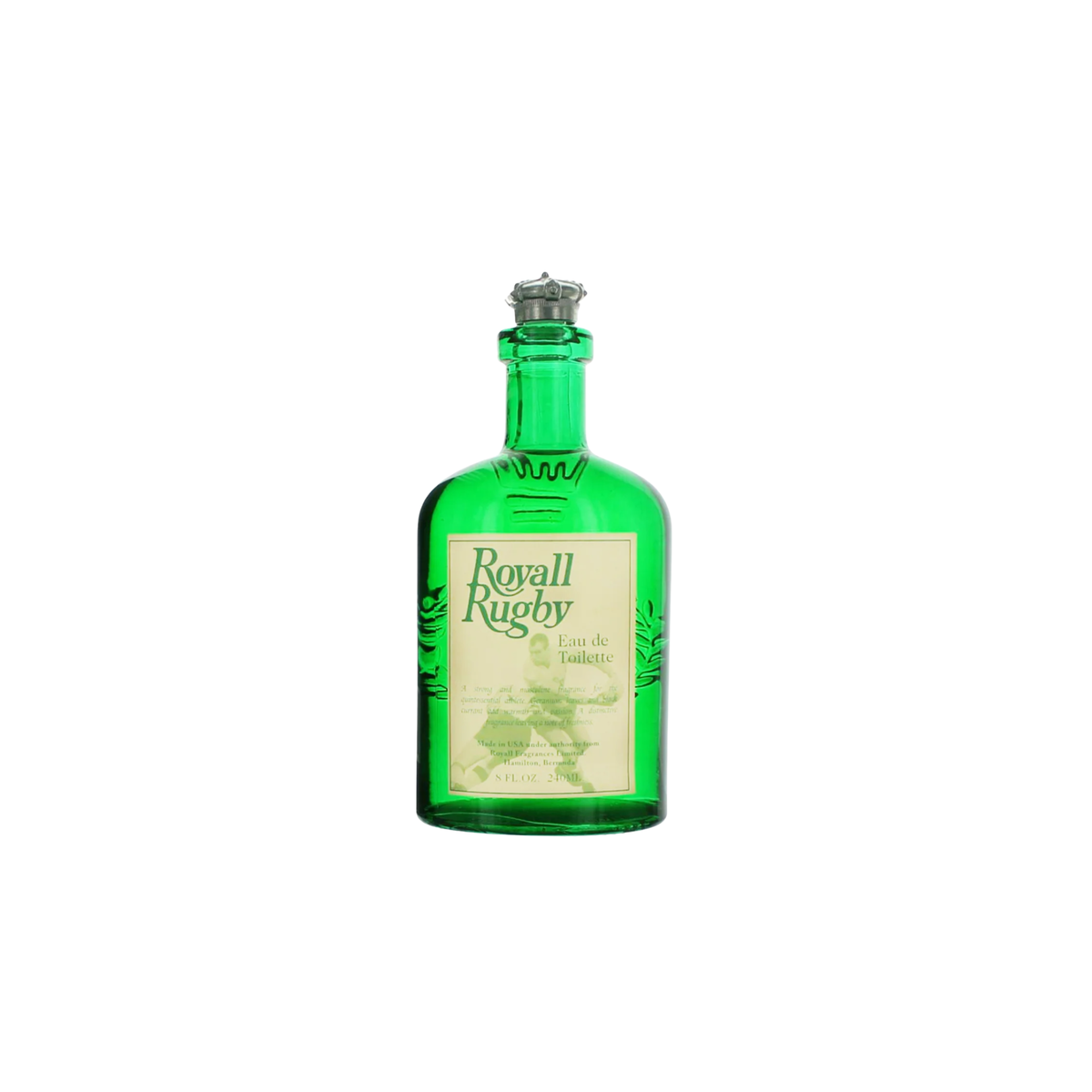 Front view of Royall Rugby Eau de Toilette by Royall Lyme; green hand-made glass bottle, pewter-colored crown cap, cream label with green text.
