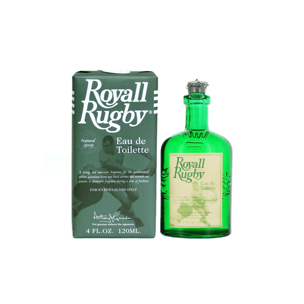 Packaging and bottle of Royall Rugby Eau de Toilette by Royall Lyme; green hand-made glass bottle, pewter-colored crown cap, cream label with green text.