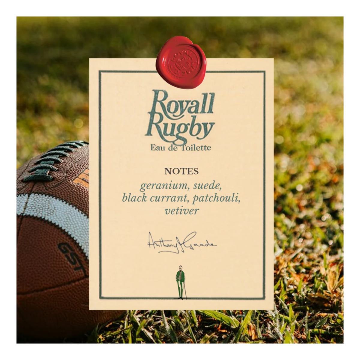 Notes information for Royall Rugby Eau de Toilette by Royall Lyme; green hand-made glass bottle, pewter-colored crown cap, cream label with green text.
