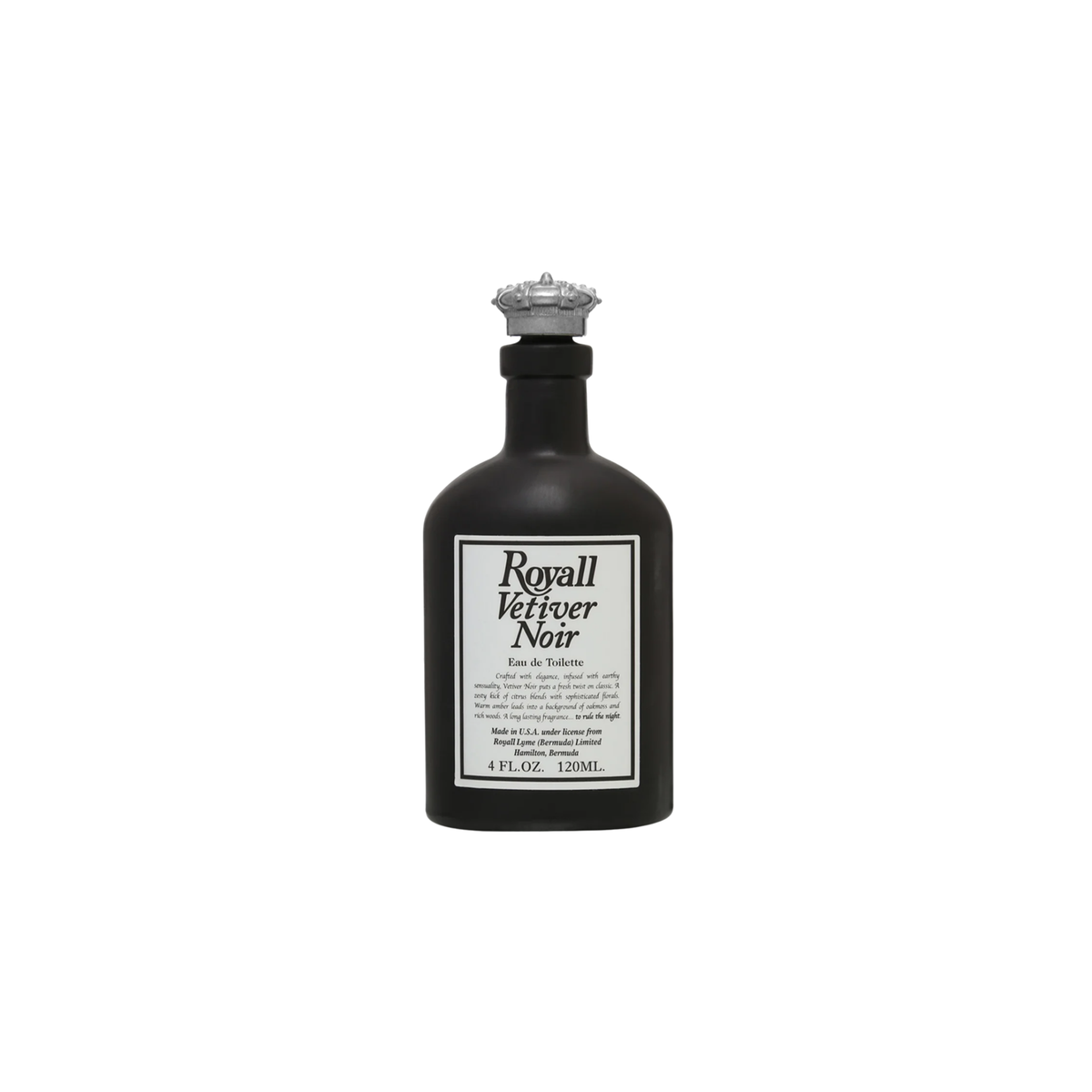 Front view of Royall Lyme Bermuda Vetiver Noir, black hand-made glass bottle with pewter-colored crown cap and white label, displayed on a plain white background.