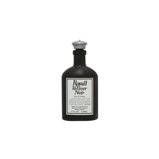 Front view of Royall Lyme Bermuda Vetiver Noir, black hand-made glass bottle with pewter-colored crown cap and white label, displayed on a plain white background.