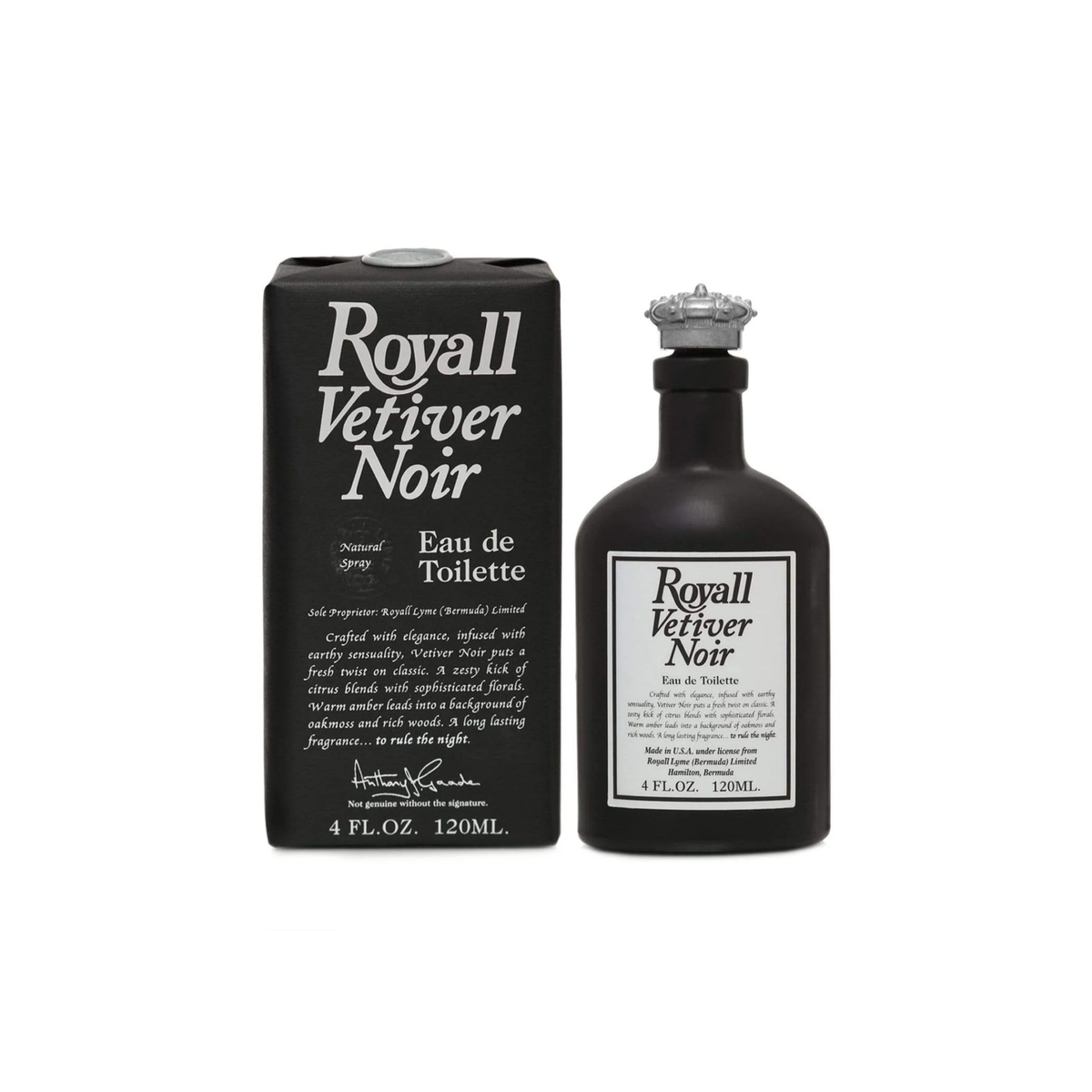 Packaging and the Royall Lyme Bermuda Vetiver Noir, black hand-made glass bottle with pewter-colored crown cap and white label, displayed on a plain white background.