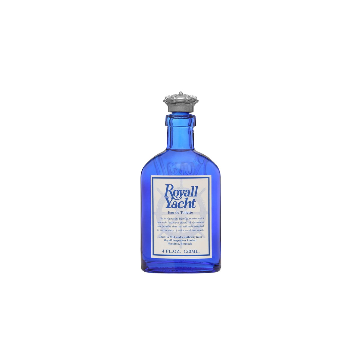 Front view of Royall Lyme Royall Yacht blue handmade glass bottle with pewter-colored crown cap, white label with blue text, 120 mL size; features luxurious packaging including fine parchment wrap and a crown wax seal.