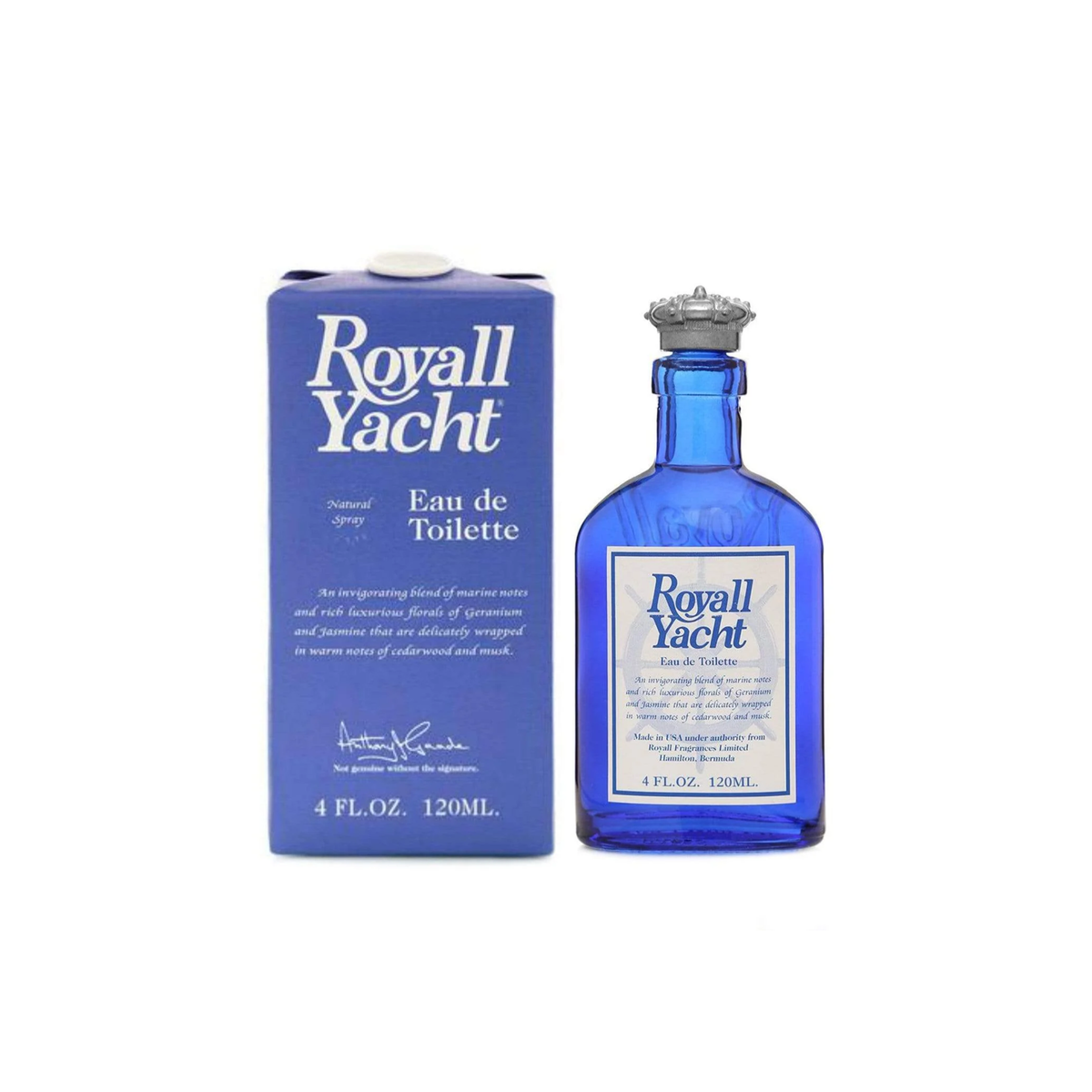 Packaging and the Royall Lyme Royall Yacht blue handmade glass bottle with pewter-colored crown cap, white label with blue text, 120 mL size; features luxurious packaging including fine parchment wrap and a crown wax seal.