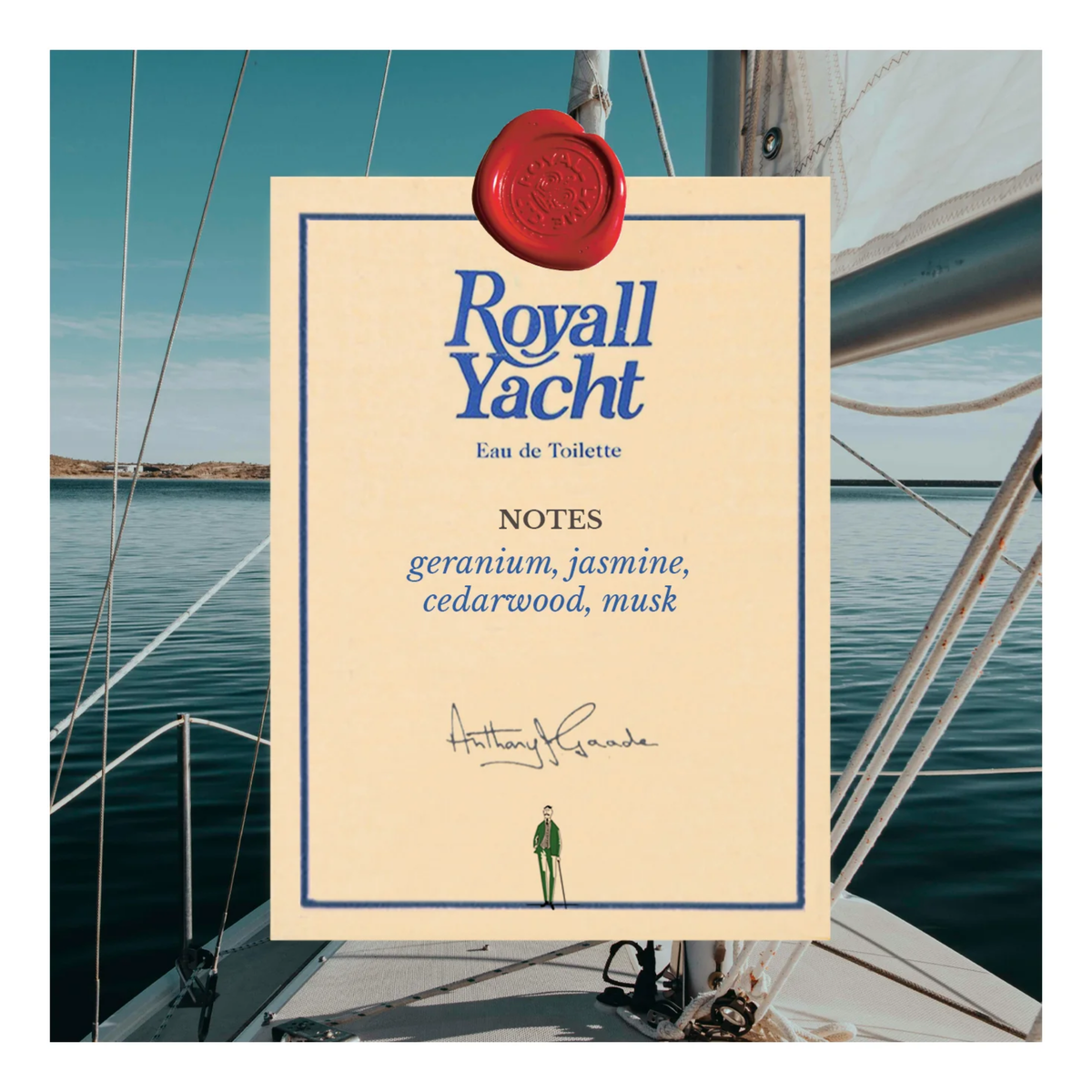 Notes information for the Royall Lyme Royall Yacht blue handmade glass bottle with pewter-colored crown cap, white label with blue text, 120 mL size; features luxurious packaging including fine parchment wrap and a crown wax seal.