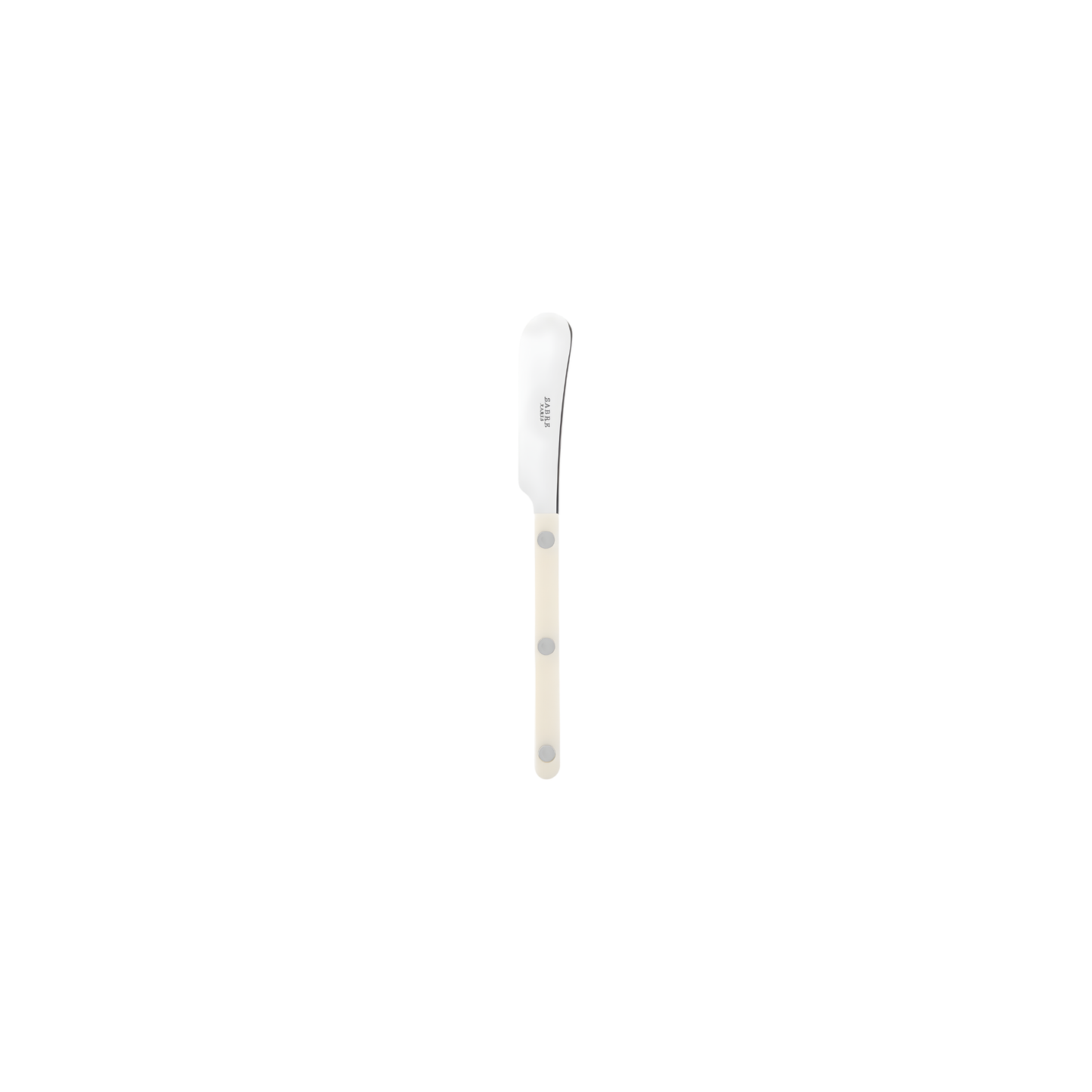 Front view of the Sabre Bistrot Cutlery Butter Spreader Ivory 14cm, which is made from Inox 18/10 Manche, features a non-slicing blade, perfect for spreading soft butter, tapenades, taramas, and other spreads on bread or toast, dishwasher safe at 45°C maximum and not suitable for microwave oven.
