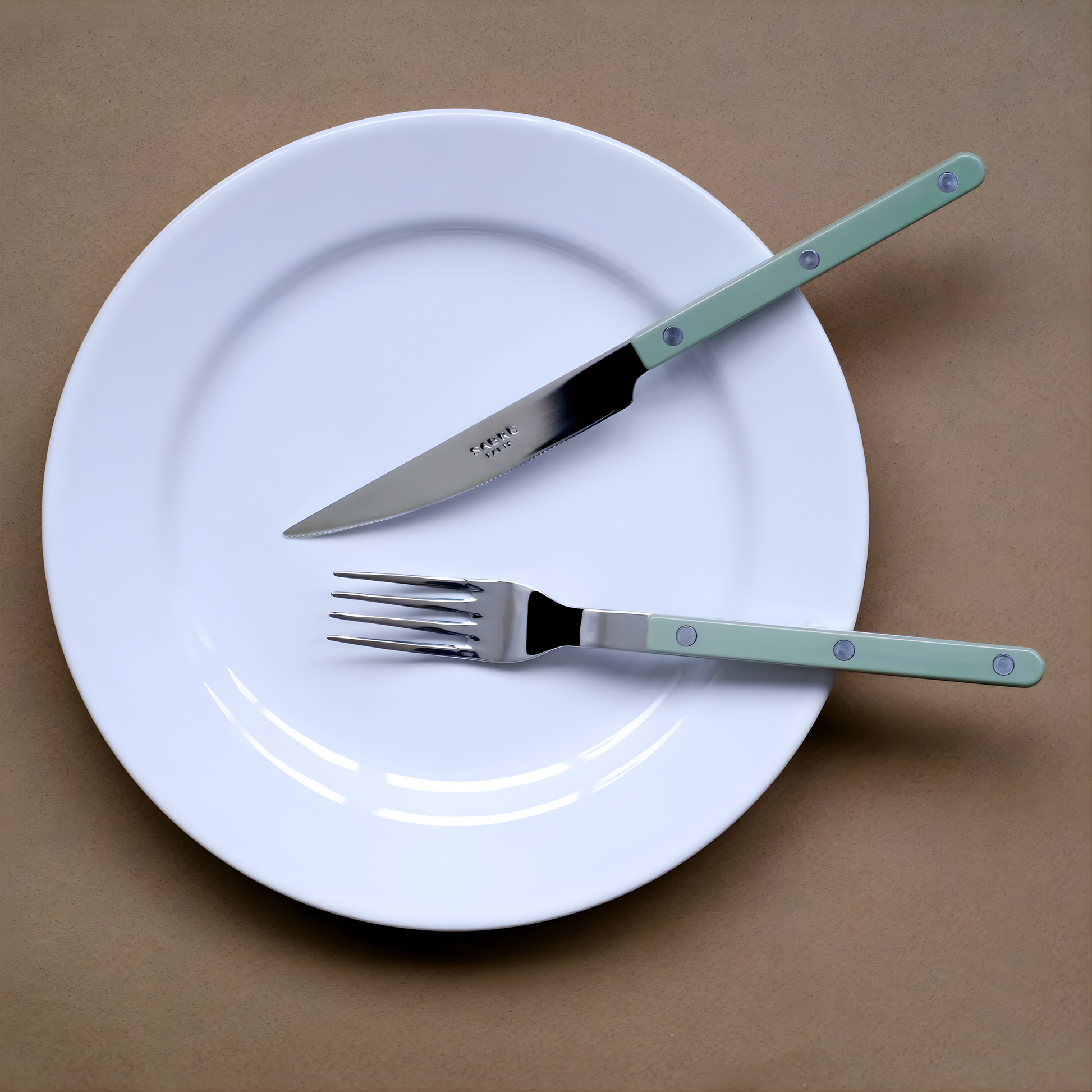 On a plate with the knife, the Sabre Bistrot Cutlery Fork 22cm Asparagus, which is made from stainless steel and Inox 18/10 - Manche nylon, dishwasher safe at 113°F (45°C) maximum. Vital part of your dinner set at every stage of the meal.