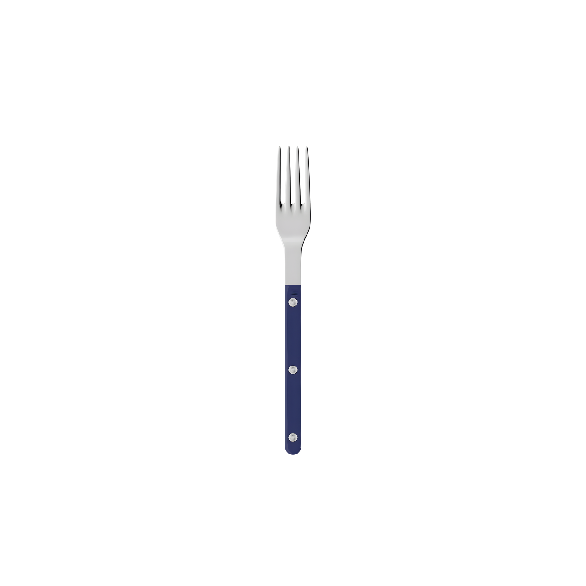 Front view of the Sabre Bistrot Cutlery Fork 22cm Navy Blue which is made from Inox 18/10 Manche, stainless steel designed to be both traditional and contemporary, dishwasher safe at 113°F (45°C) maximum, not suitable for microwave oven.