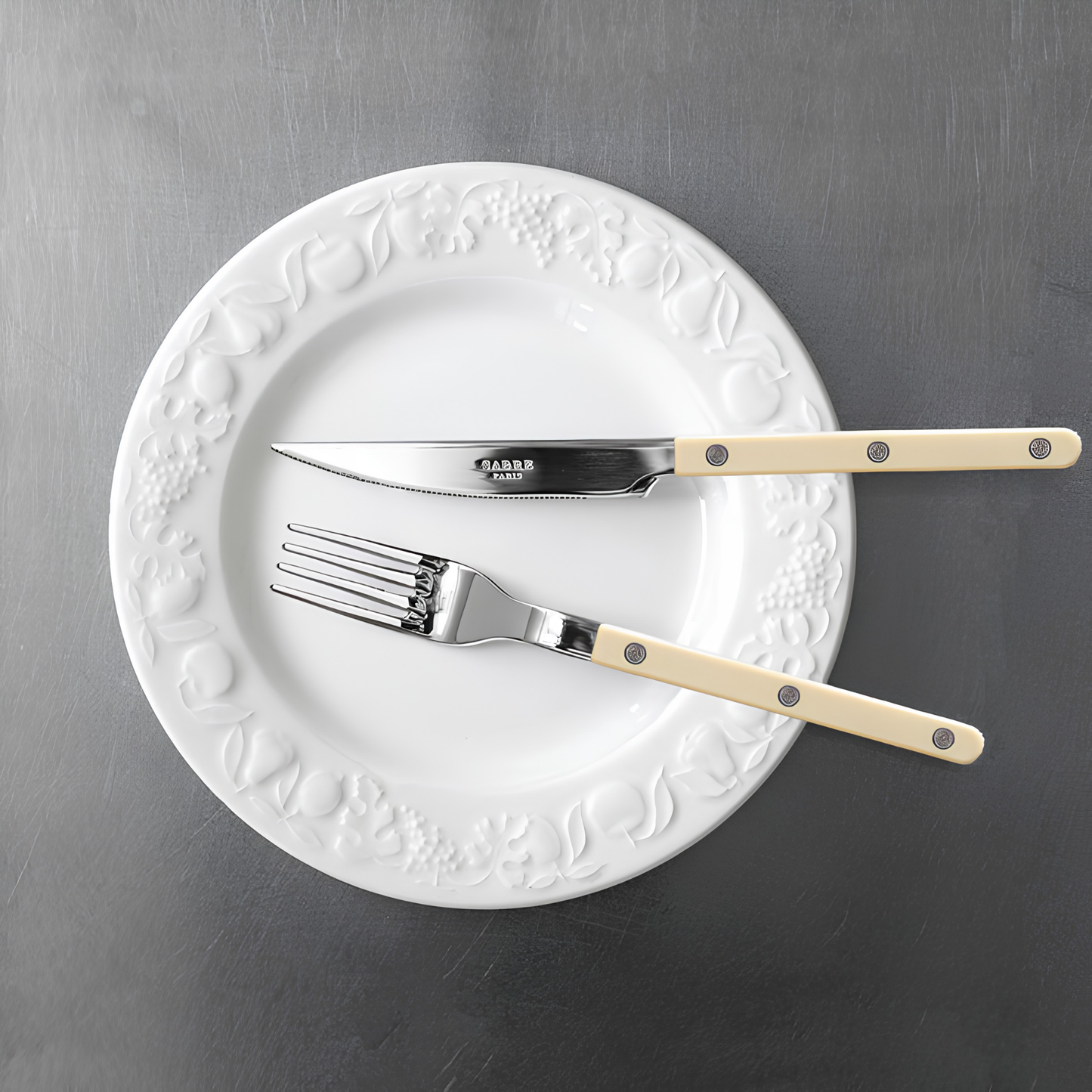 Fork and knife from Sabre Bistrot Cutlery Ivory 24 Piece Set