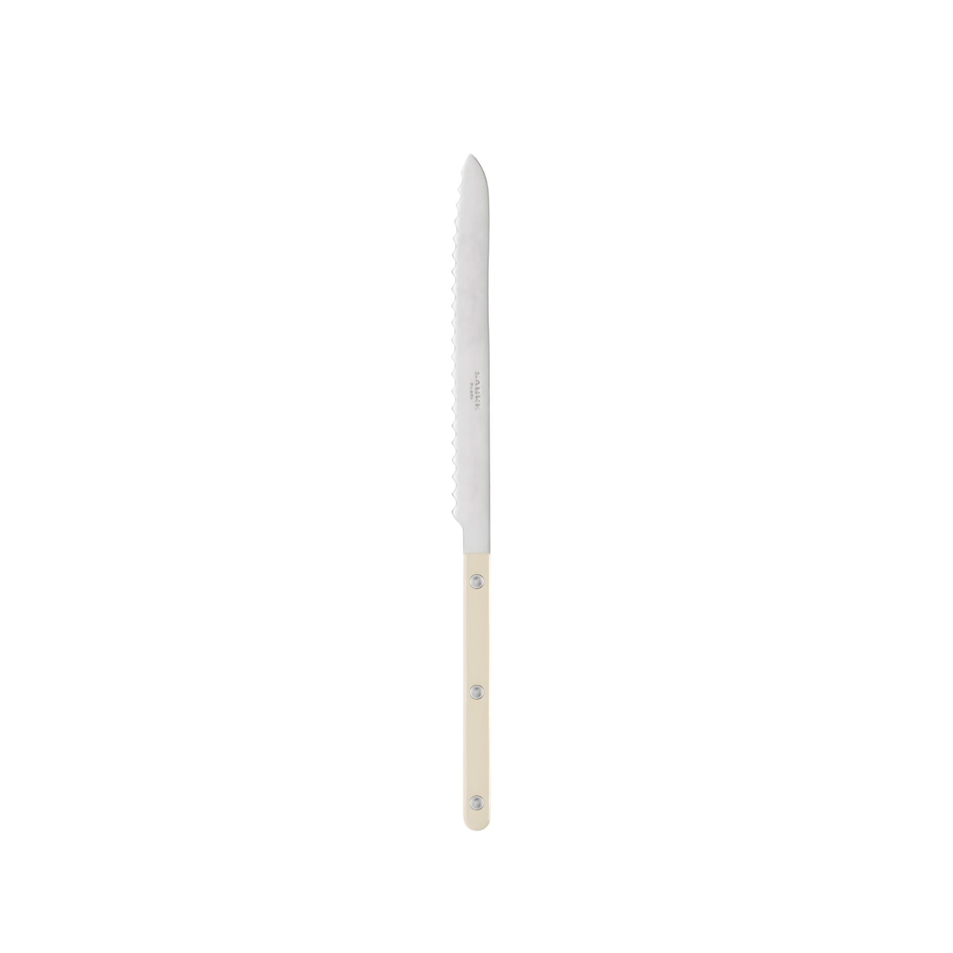 Side view of the Sabre Bistrot Cutlery Ivory Breadknife that has a long serrated blade to cut all types and sizes of bread, pastries, sweet and savoury cakes.
