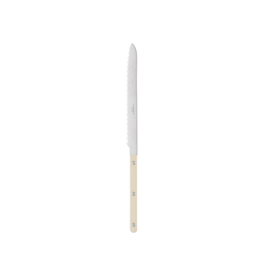 Side view of the Sabre Bistrot Cutlery Ivory Breadknife that has a long serrated blade to cut all types and sizes of bread, pastries, sweet and savoury cakes.
