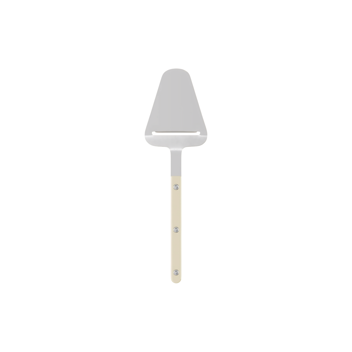 Front view of the Sabre Bistrot Cutlery Ivory Cheese Slicer with rivets visible, can create thin shavings of cheeses.
