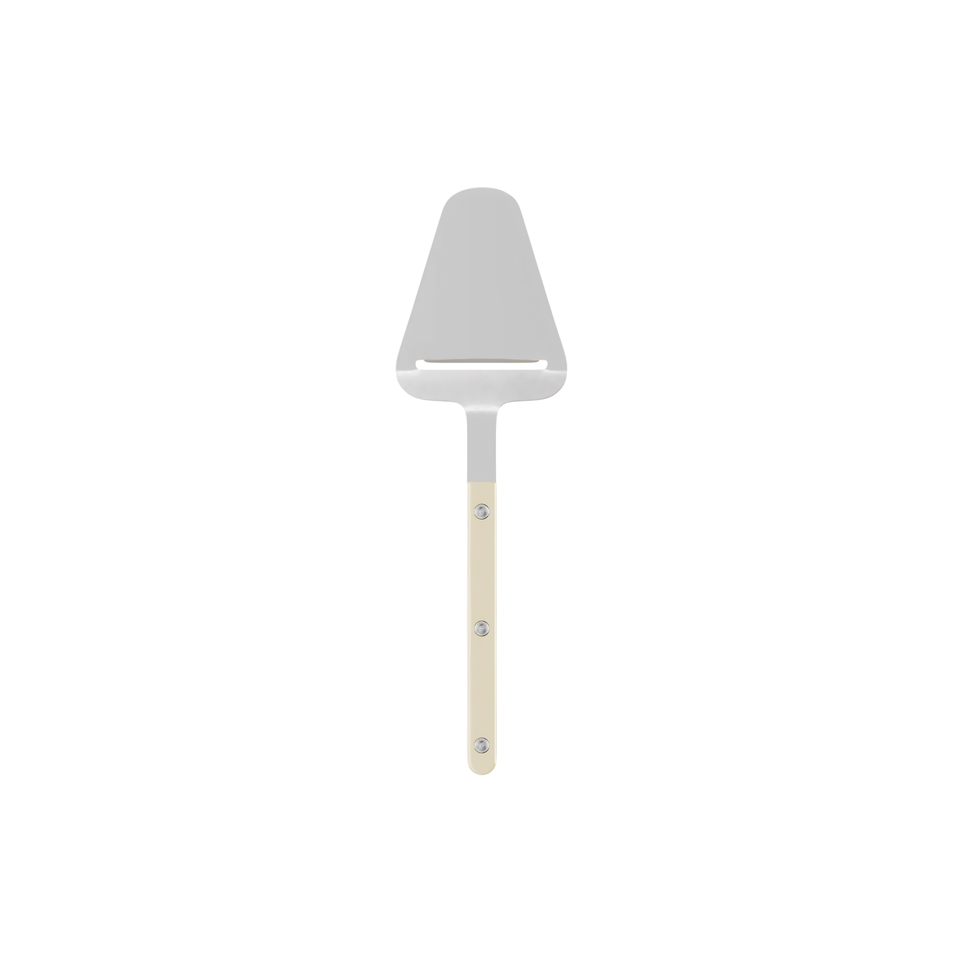 Front view of the Sabre Bistrot Cutlery Ivory Cheese Slicer with rivets visible, can create thin shavings of cheeses.