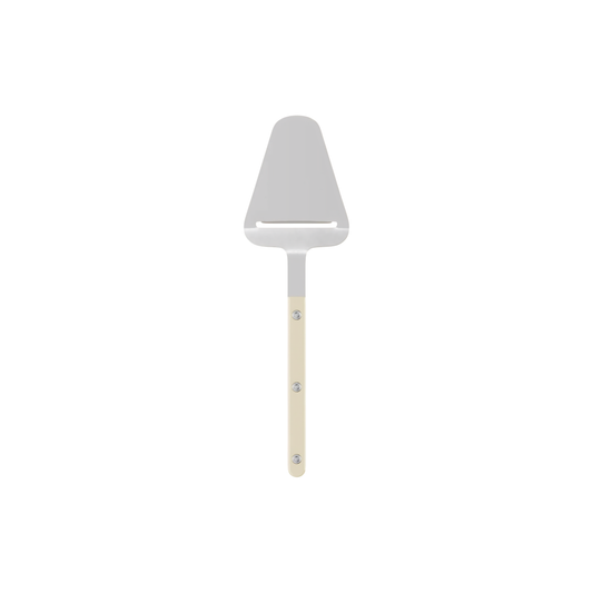Front view of the Sabre Bistrot Cutlery Ivory Cheese Slicer with rivets visible, can create thin shavings of cheeses.