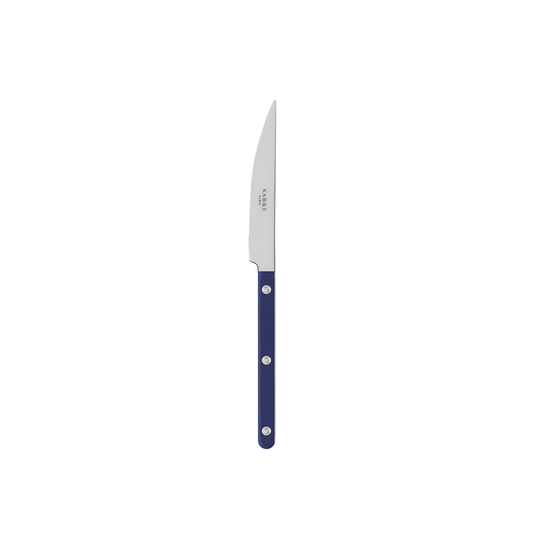 Front view of the Sabre Bistrot Cutlery Knife 24cm Navy Blue, which is made from Inox 18/10 Manche, modern stainless steel dinner knife, dishwasher safe at 45 degree Celsius maximum and not suitable for microwave oven.