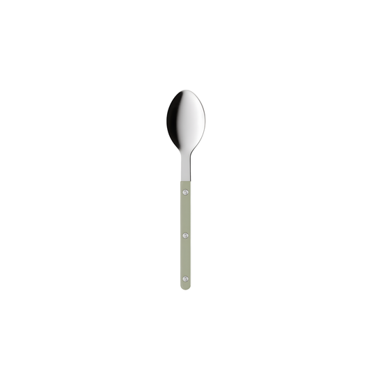 Front view of the Sabre Bistrot Cutlery Spoon 22cm Asparagus which is made from Inox 18/10 - Manche nylon, perfect for enjoying delicious soups, dishwasher safe at 113°F (45°C) maximum and not suitable for microwave oven