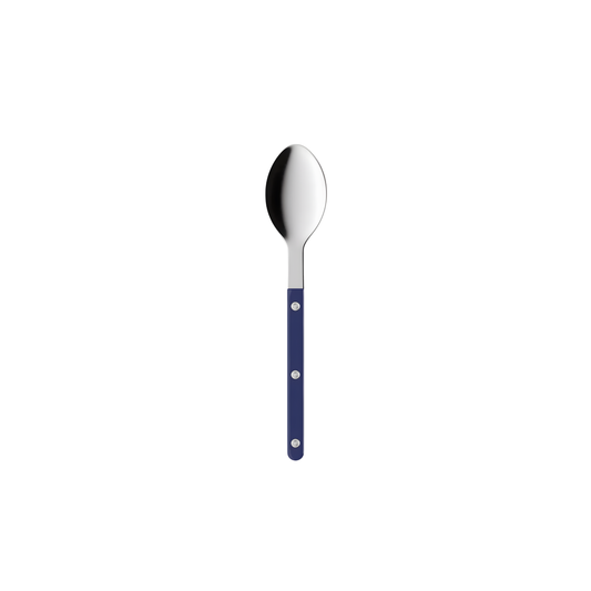 Front view of the Sabre Bistrot Cutlery Spoon 22cm Navy Blue, which is made from Inox 18/10 Manche nylon designed to be both traditional and contemporary, dishwasher safe at 45 degree Celsius maximum and not suitable for microwave oven.