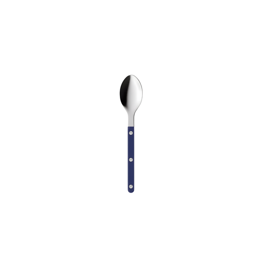 Lying front face view of the Sabre Bistrot Cutlery Teaspoon 16cm Navy Blue, which is made from Inox 18/10 Manche nylon designed to be both traditional and contemporary, dishwasher safe at 45 degree Celsius maximum and not suitable for microwave oven.