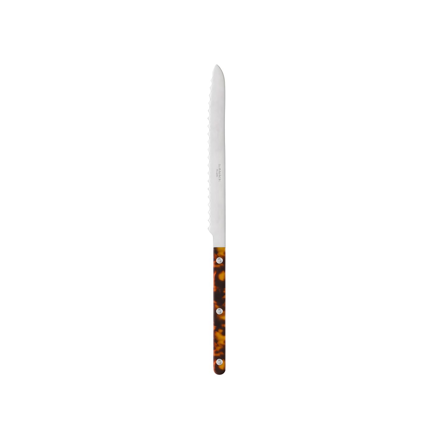 Side view of the Sabre Bistrot Cutlery Tortoise Breadknife that has a long serrated blade to cut all types and sizes of bread, pastries, sweet and savoury cakes.