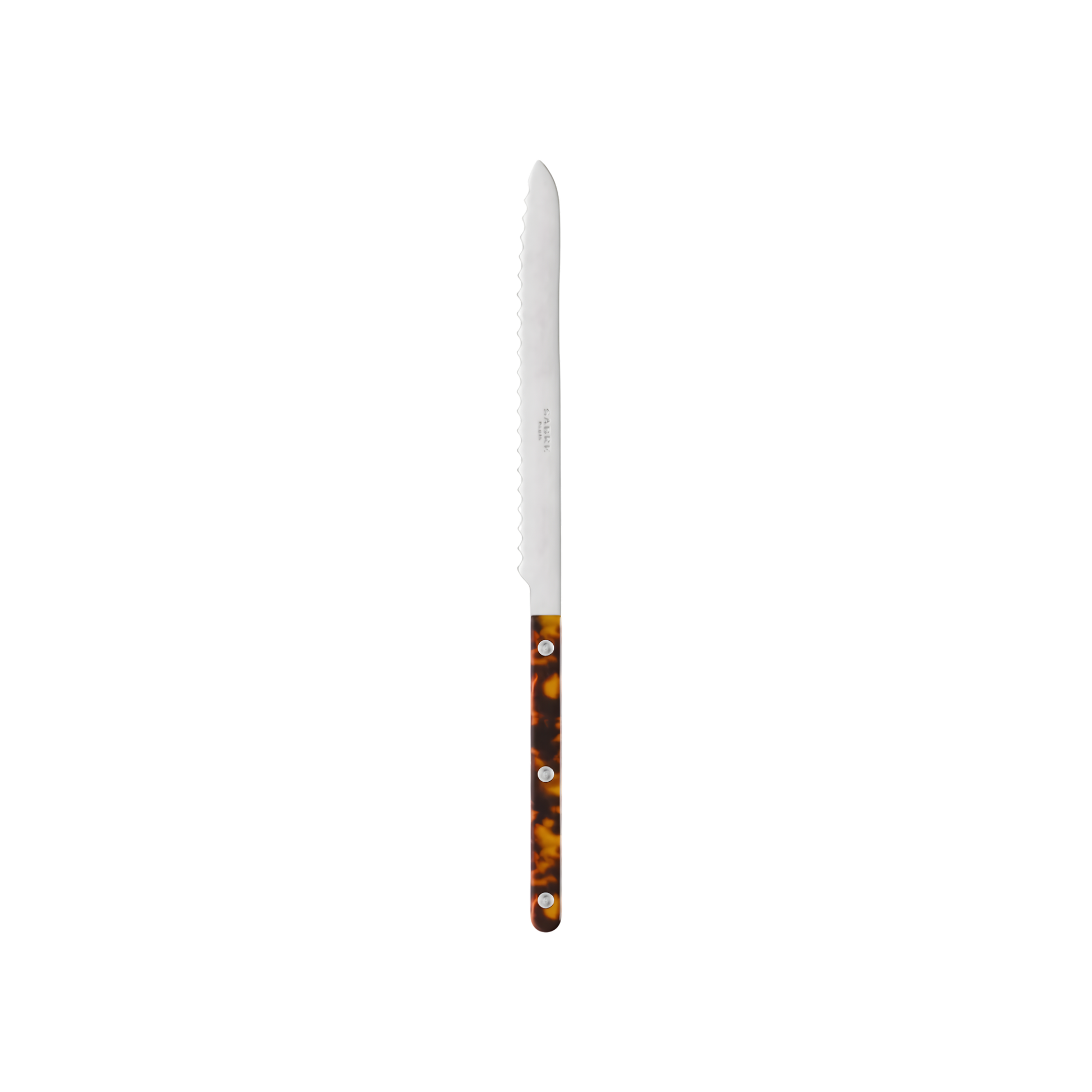 Side view of the Sabre Bistrot Cutlery Tortoise Breadknife that has a long serrated blade to cut all types and sizes of bread, pastries, sweet and savoury cakes.