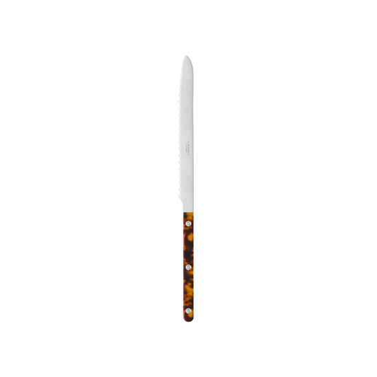 Side view of the Sabre Bistrot Cutlery Tortoise Breadknife that has a long serrated blade to cut all types and sizes of bread, pastries, sweet and savoury cakes.