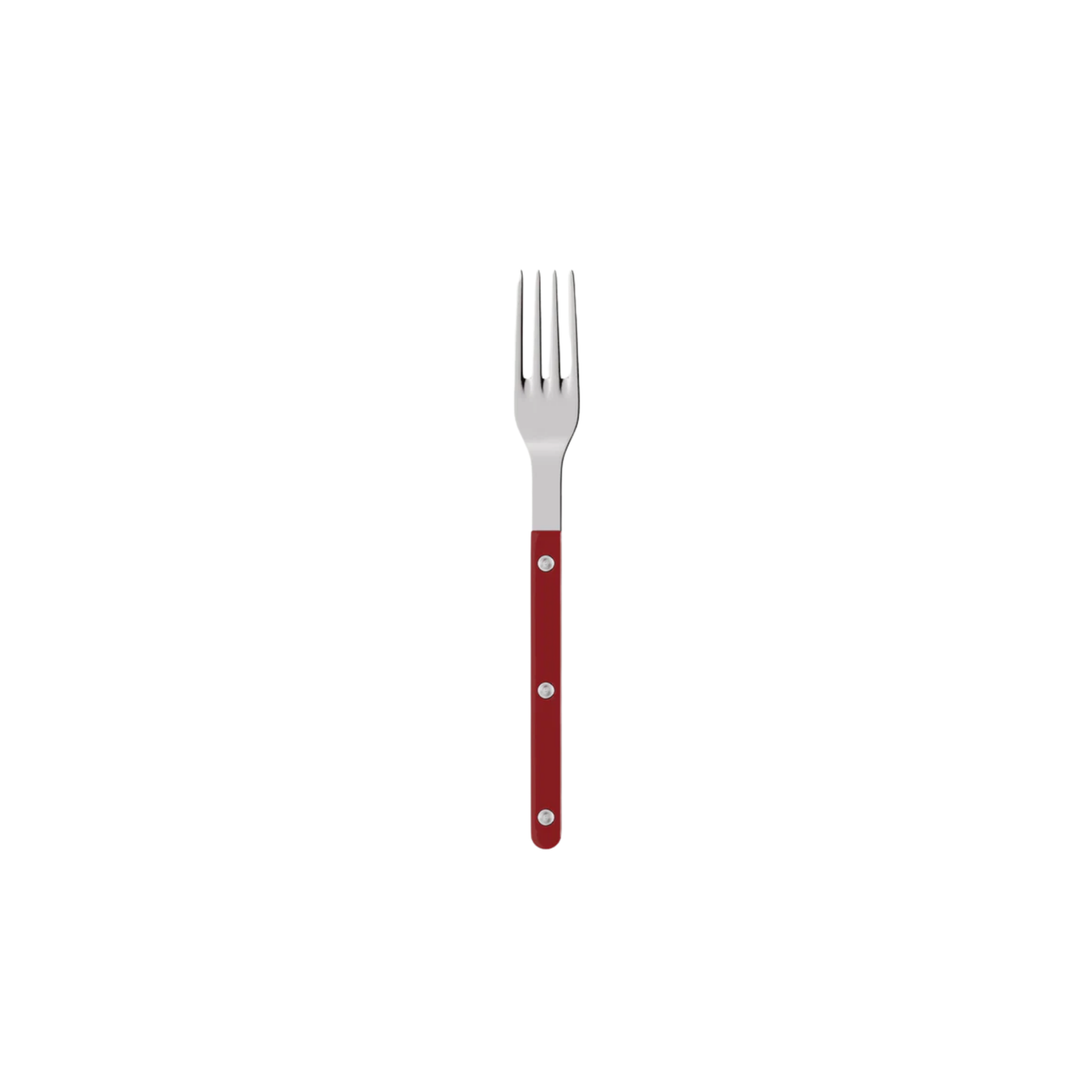 Sabre Paris Bistrot Dinner Fork Burgundy - 22cm stainless steel fork with colorful nylon handle and visible rivets. Inspired by French cafés, this elegant and durable fork blends classic and modern design, available in gloss or vintage finishes and dishwasher-safe.