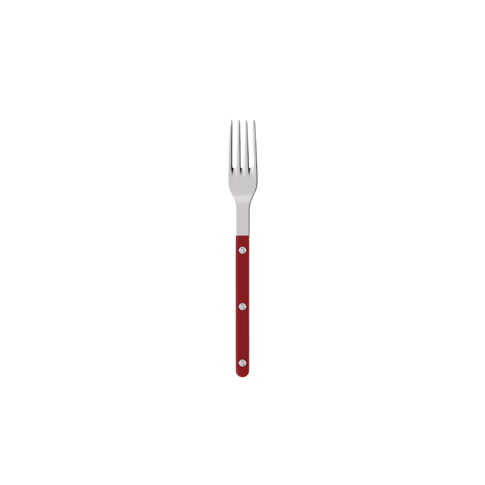 Sabre Paris Bistrot Dinner Fork Burgundy - 22cm stainless steel fork with colorful nylon handle and visible rivets. Inspired by French cafés, this elegant and durable fork blends classic and modern design, available in gloss or vintage finishes and dishwasher-safe.