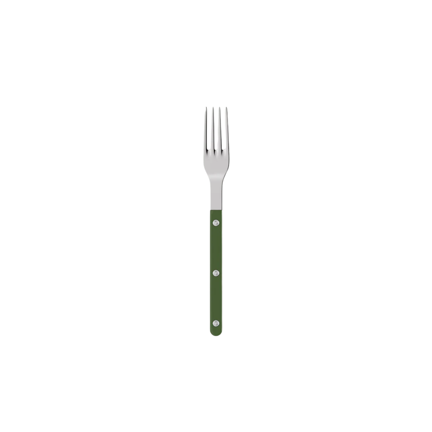 Sabre Paris Bistrot Dinner Fork Dark green- 22cm stainless steel fork with colorful nylon handle and visible rivets. Designed in French café style, this durable and elegant fork adds a lively touch to any table setting, available in gloss or vintage finishes and dishwasher-safe.