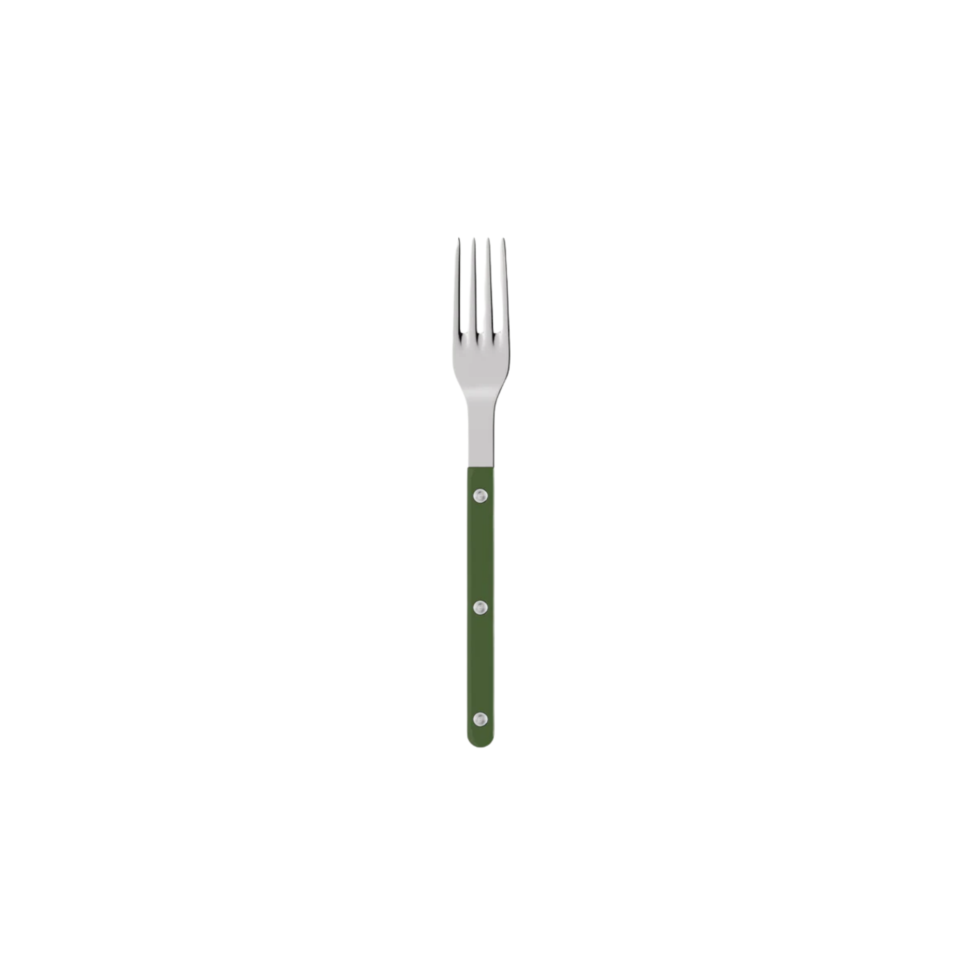 Sabre Paris Bistrot Dinner Fork Dark green- 22cm stainless steel fork with colorful nylon handle and visible rivets. Designed in French café style, this durable and elegant fork adds a lively touch to any table setting, available in gloss or vintage finishes and dishwasher-safe.
